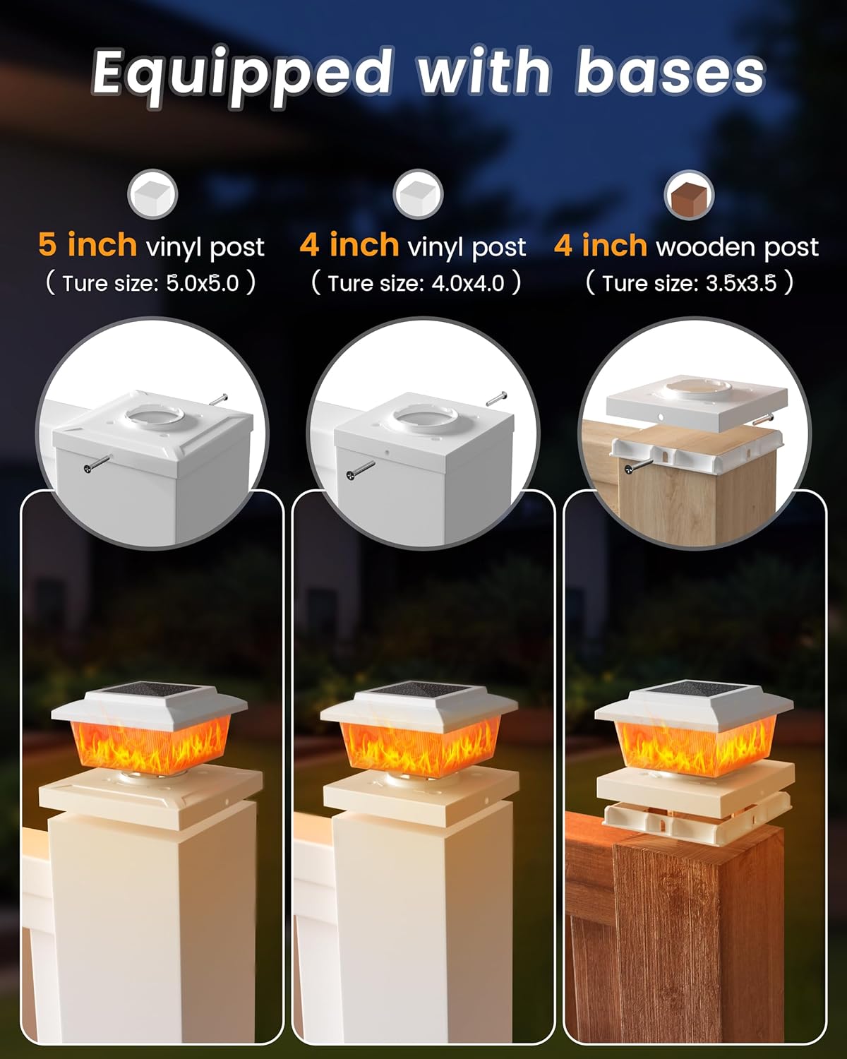 VOLISUN Solar Fence Post Lights 12pack, White Solar Deck Post Cap Flame Light Outdoor Waterproof, High Brightness Flickering Flame SMD LED Lighting, for 4x4 Wooden/4x4 5x5 Vinyl Post