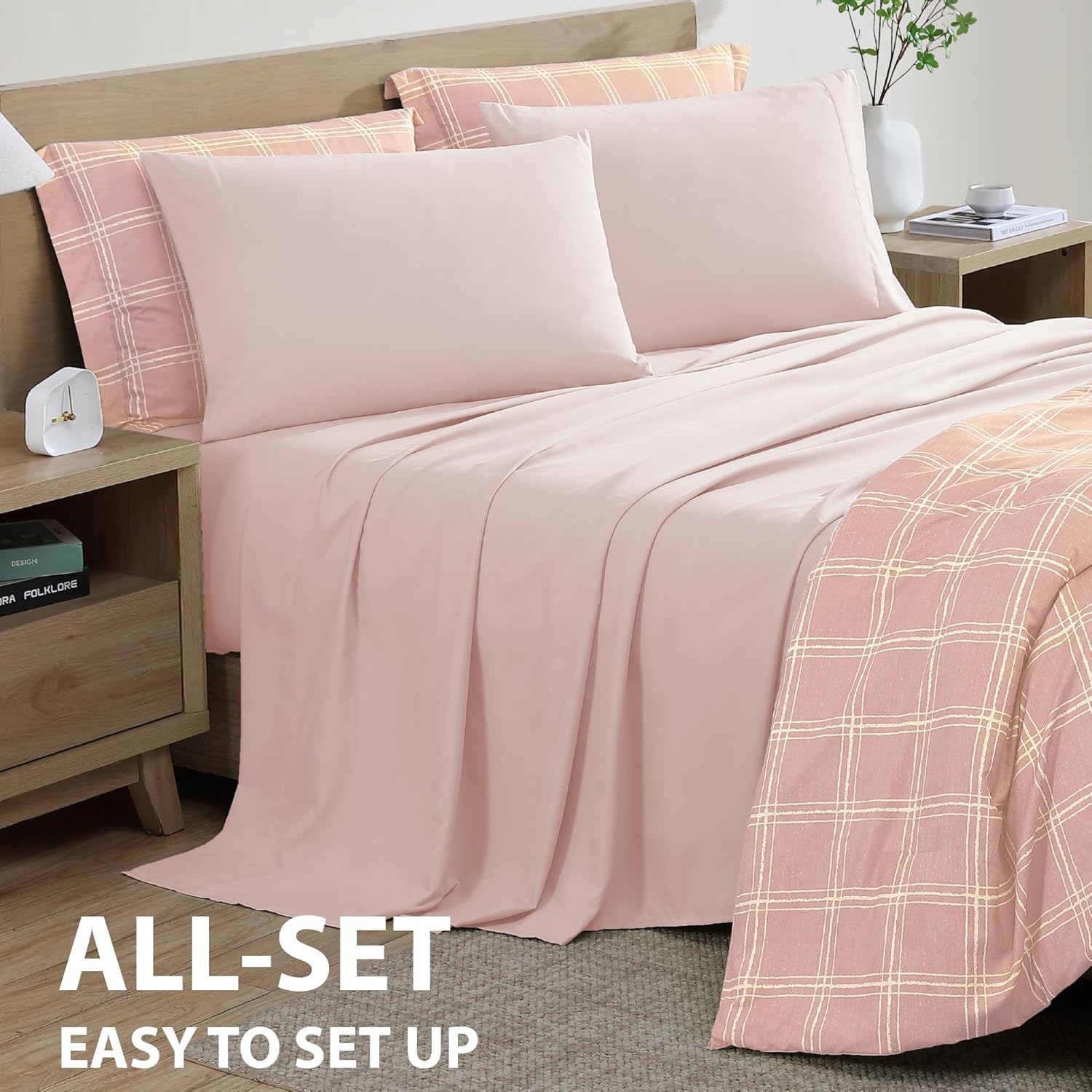Cathay Home Basic Bedding Home Essential Ultra Soft Lightweight 7PC Wrinkle Resistant Microfiber Bed in a Bag Set (Includes Complete Sheet Set & Comforter Set) - Pink Plaid, Full