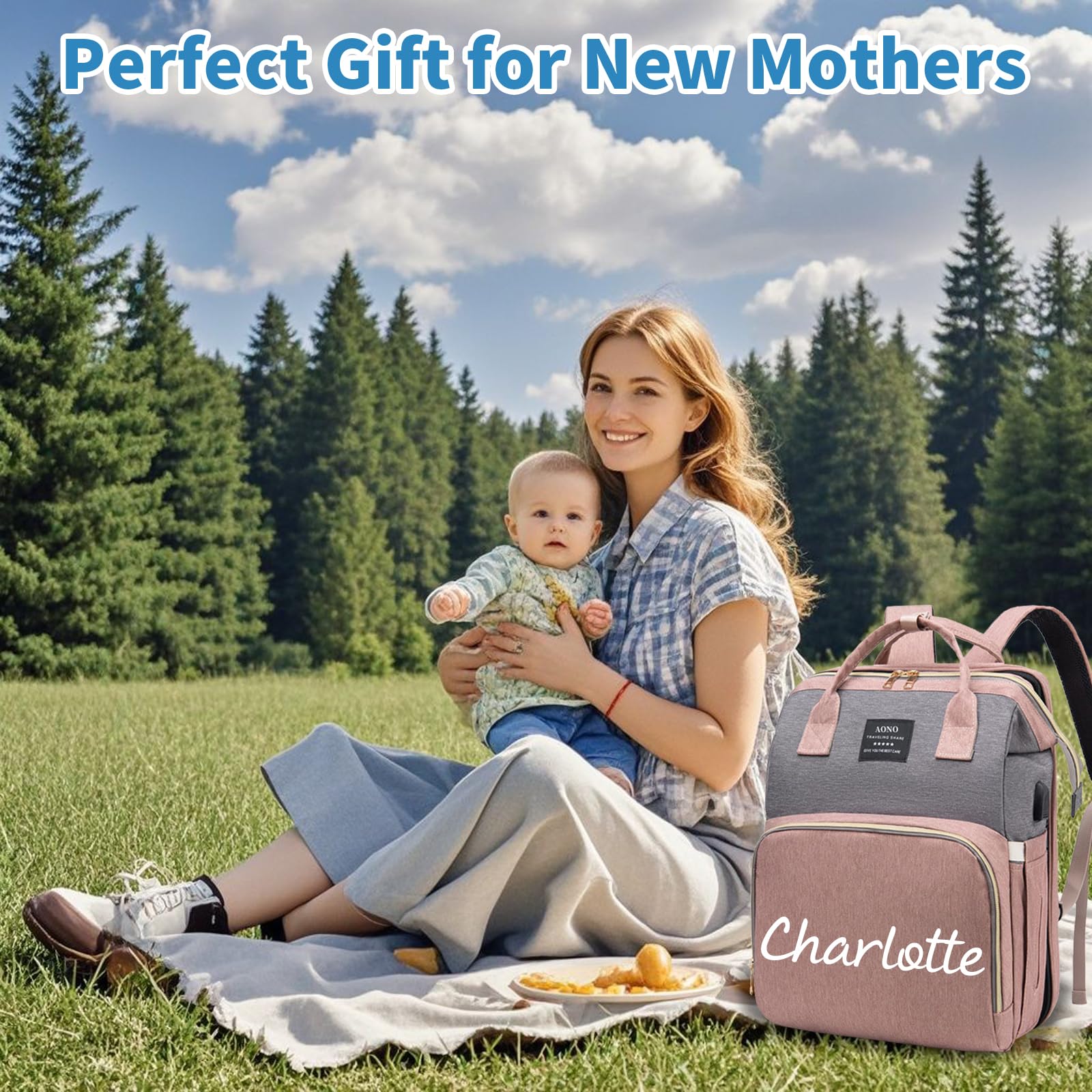 Personalisierte Wickelrucksäcke mit Wickelstation, großer Wickelrucksack mit Sonnenschutz und Spielzeugstange, Kinderwagenriemen und isolierten Flaschenfächern Babyparty-Suche, Geschenk zur Babyshower