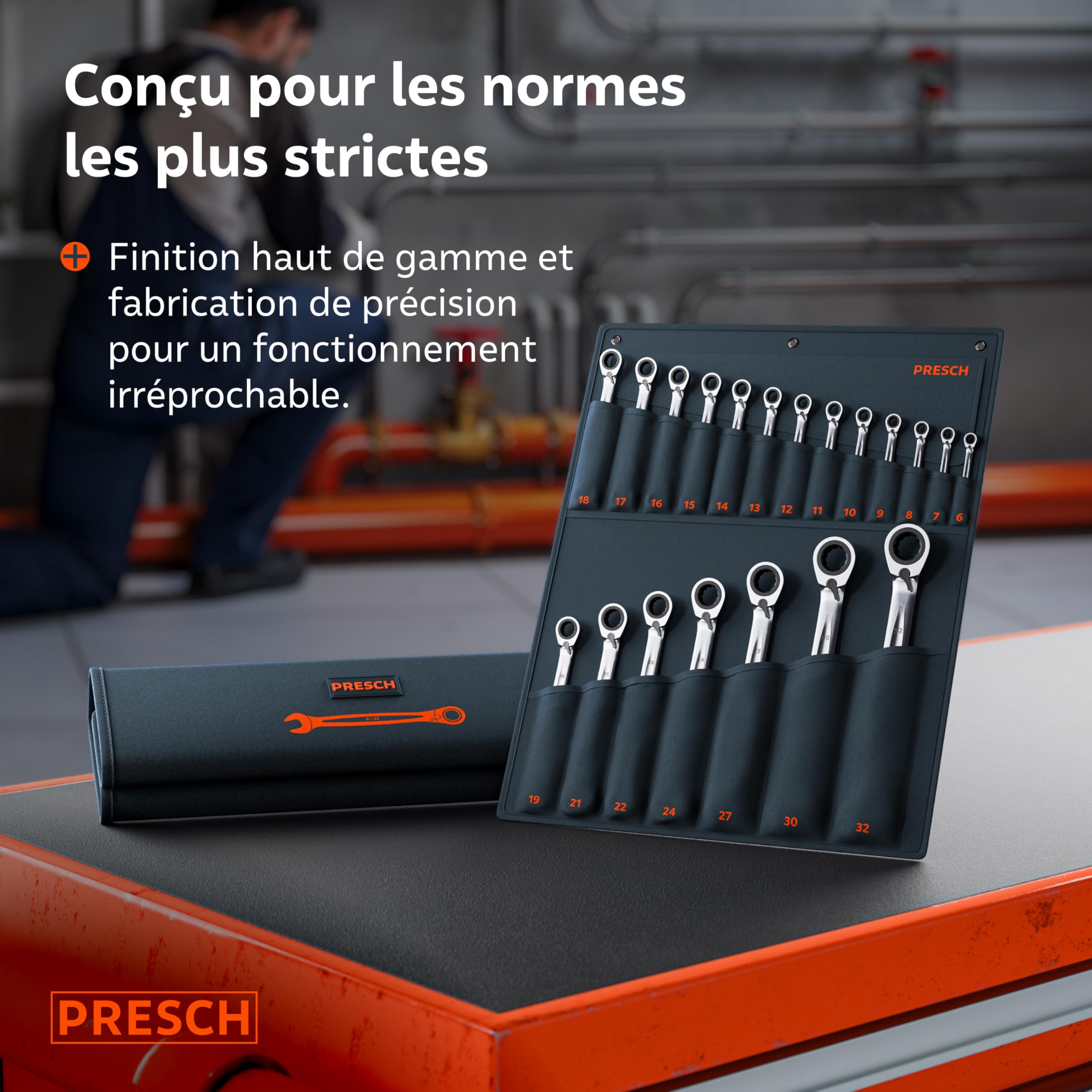 PRESCH Clés à cliquet réversibles 20 pcs 6-32mm avec sacoche 135 dents robustes
