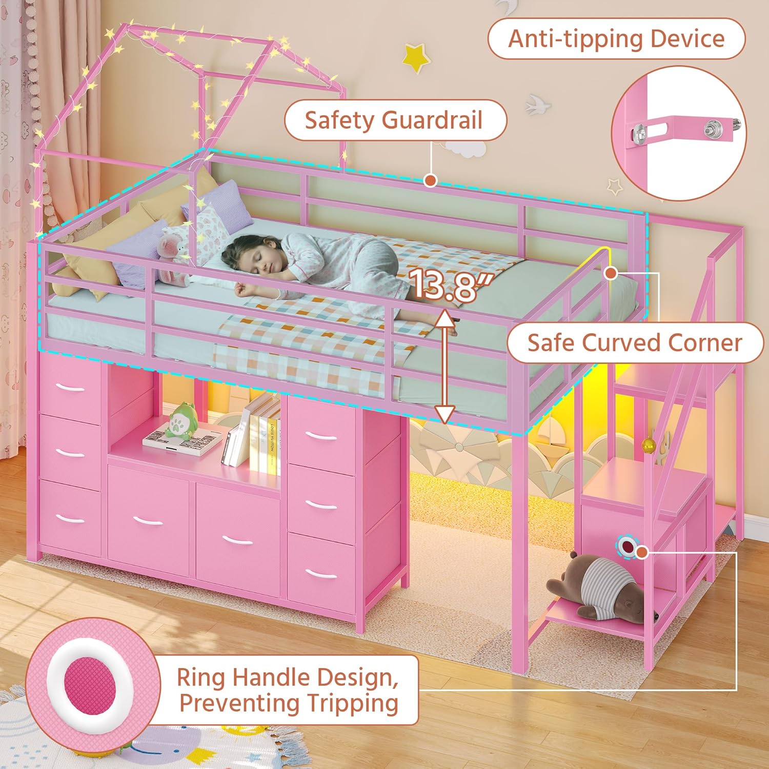 Twin Loft Bed, Low Loft Bed, Metal Kids Loft Bed, Twin Bed Frames for Kids, Under-Bed Play Space, 9 Drawers, 2 Open Shevles, LED Lights, Charging Station, 13.8" Safety Guardrail & Stair, Pink