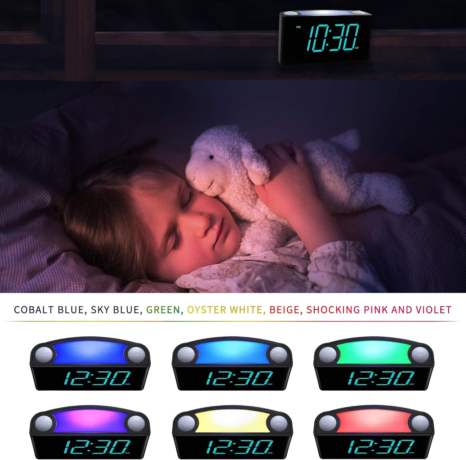 Rocam Digital Alarm Clock for Bedrooms - Large 7" LED Display with Dimmer, Snooze, 7 Night Light, Easy to Set, USB Chargers, Battery Backup, 12/24 Hour for Kids,Boys,Teens,Heavy Sleepers(Blue) : Home & Kitchen