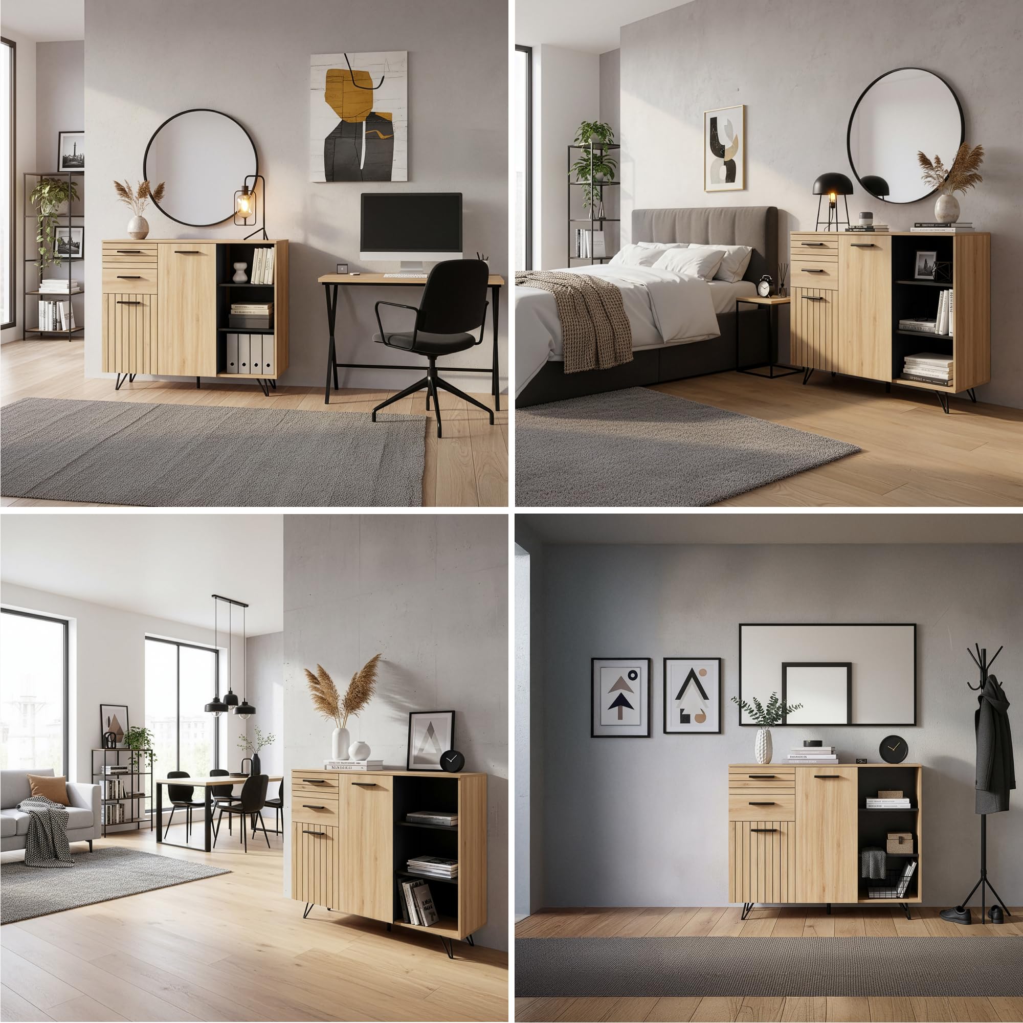 [en.casa] Aparador para Salón Noppen Aparador Multiusos con 2 Cajones 2 Compartimentos con Puertas y 3 Compartimentos Abiertos Mueble Auxiliar para Comedor Oficina 100 x 120 x 38 cm - Efecto Roble