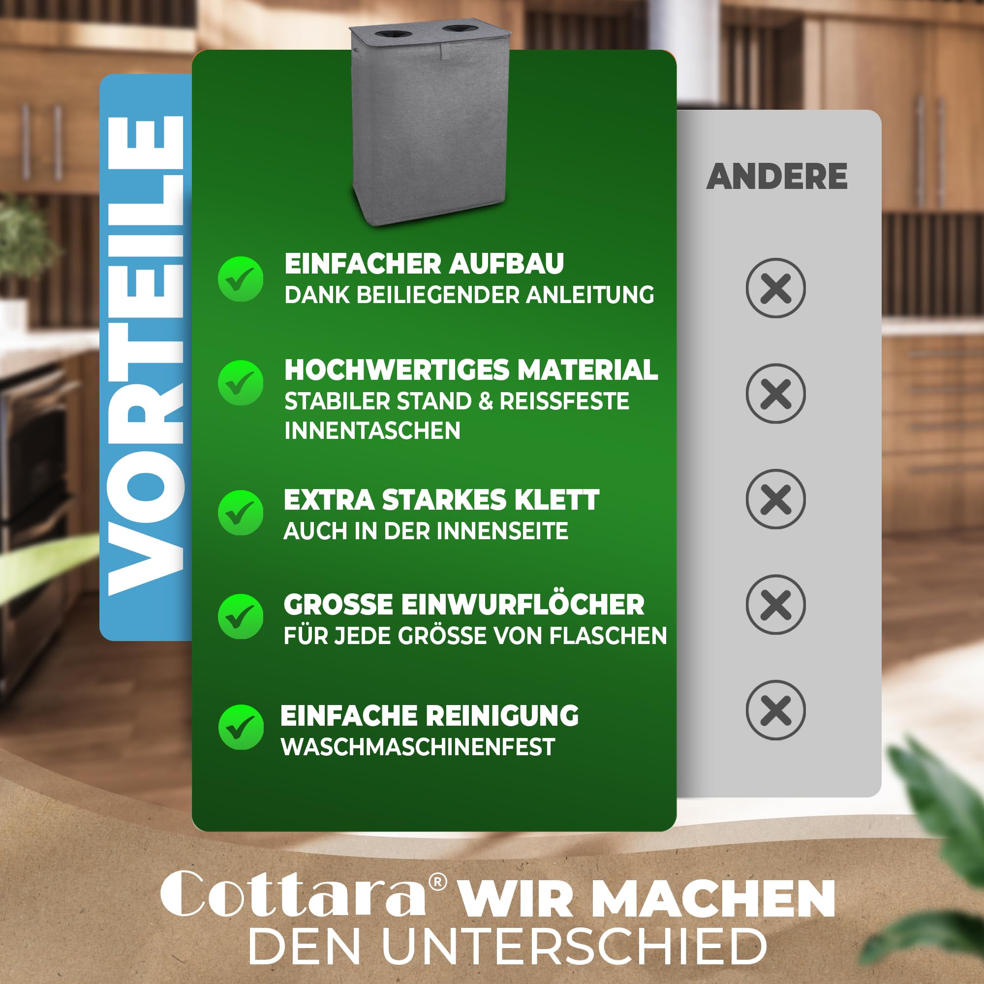 COTTARA® Botellas de depósito con 2 compartimentos, recipiente para depósito con ranura y 2 bolsas de transporte, ideal para botellas de depósito, para cocina, color gris