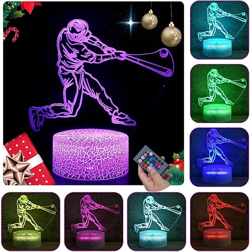 Luz nocturna 3D de hombre de béisbol para niños para adolescentes, niños y niñas, regalo de cumpleaños, Navidad, con toque inteligente y control