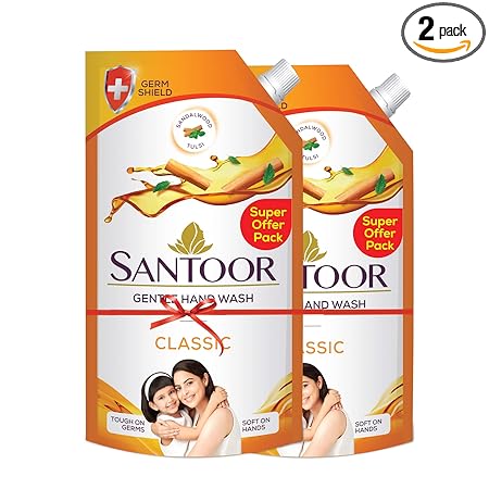 Santoor Classic Gentle Hand Wash, 750ml with Natural goodness of Sandalwood & Tulsi (PACK OF 2)