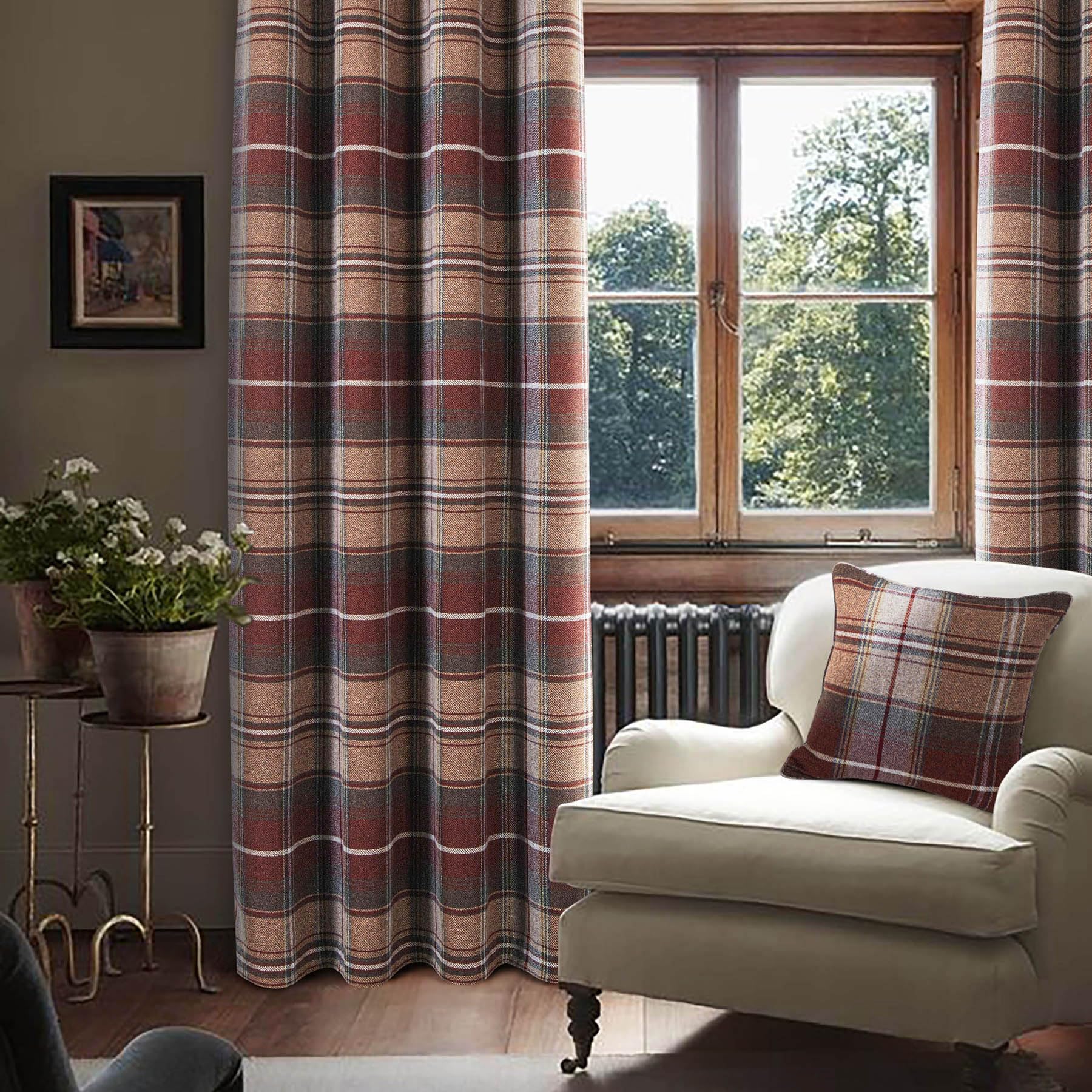 always4u 100% Blackout Tartan Curtains Highland Check Eyelet Curtain Woolen Look Plaid Brushed Cheque Pair of Window Treatment for Bedroom Living Room Brick Red 66 * 90 Inches