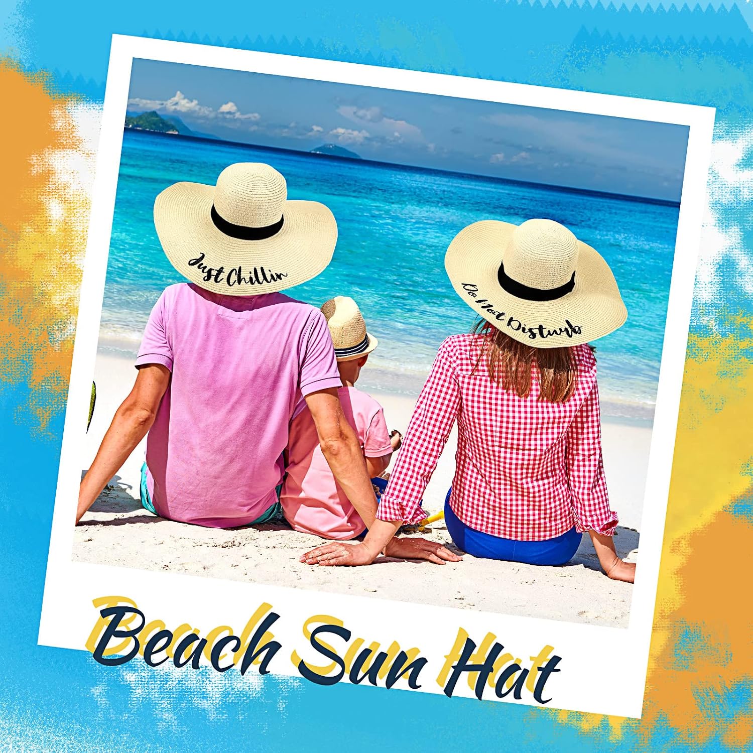 4 Pcs Women Beach Sun Hats Floppy Foldable Straw Hat Embroidered Wide Brim Floppy Hats for Travel Summer