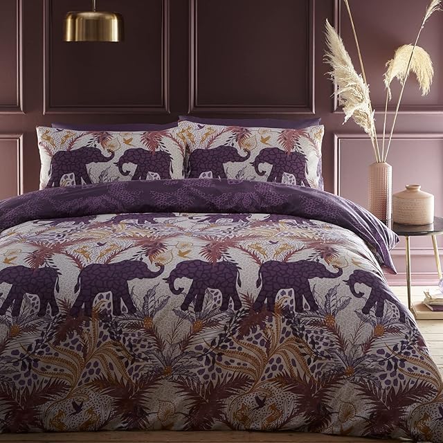 Portfollio Tropical Jungle Duvet Cover Indian Elephant Quilt Bedding Set Purple Plum Double