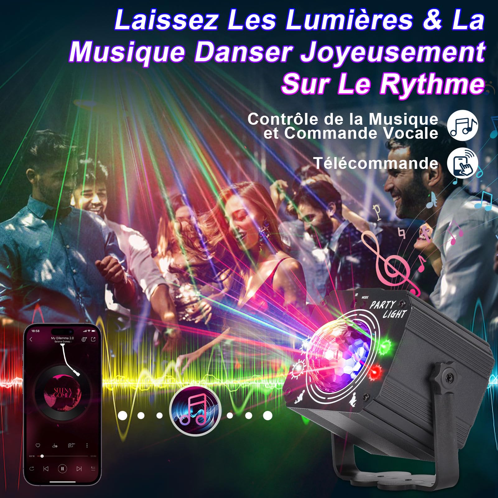 Lampe de Scène 3 en 1 avec Télécommande, Boule Disco avec Stroboscope, Lumière de Fête DJ LED à Commande Vocale Divers Effets RGBW Lumiere Soirée avec 2m Câble USB pour Halloween, Noël, Club, Vacances