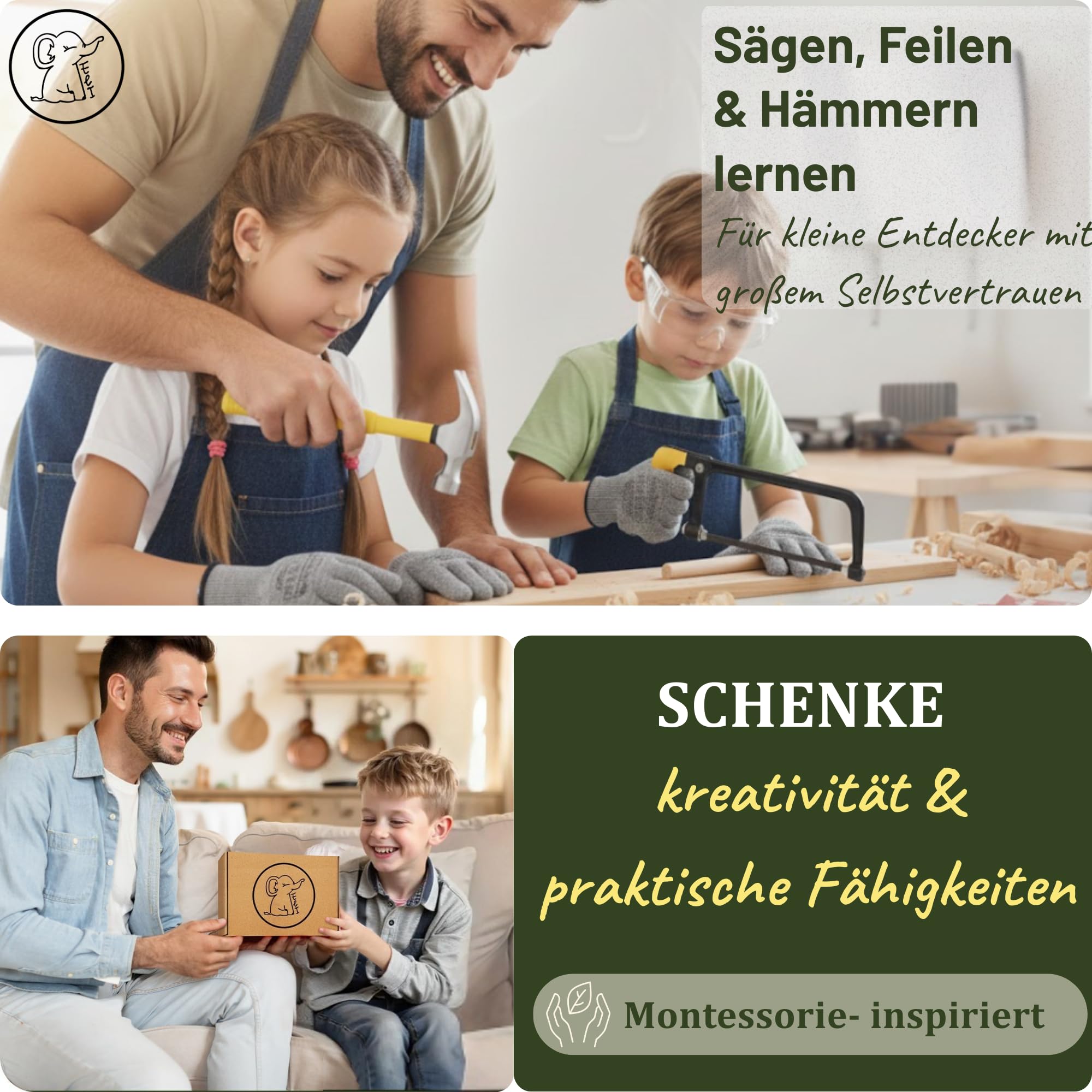Eli® Kinderwerkzeug Set ab 6 Jahre inkl Kindersäge - Hammer - Holzraspel - Schutzhandschuhe - echtes Werkzeug Set für alle junge Baumeister und Bauarbeiter - Säge für Kinder - Geschenkidee