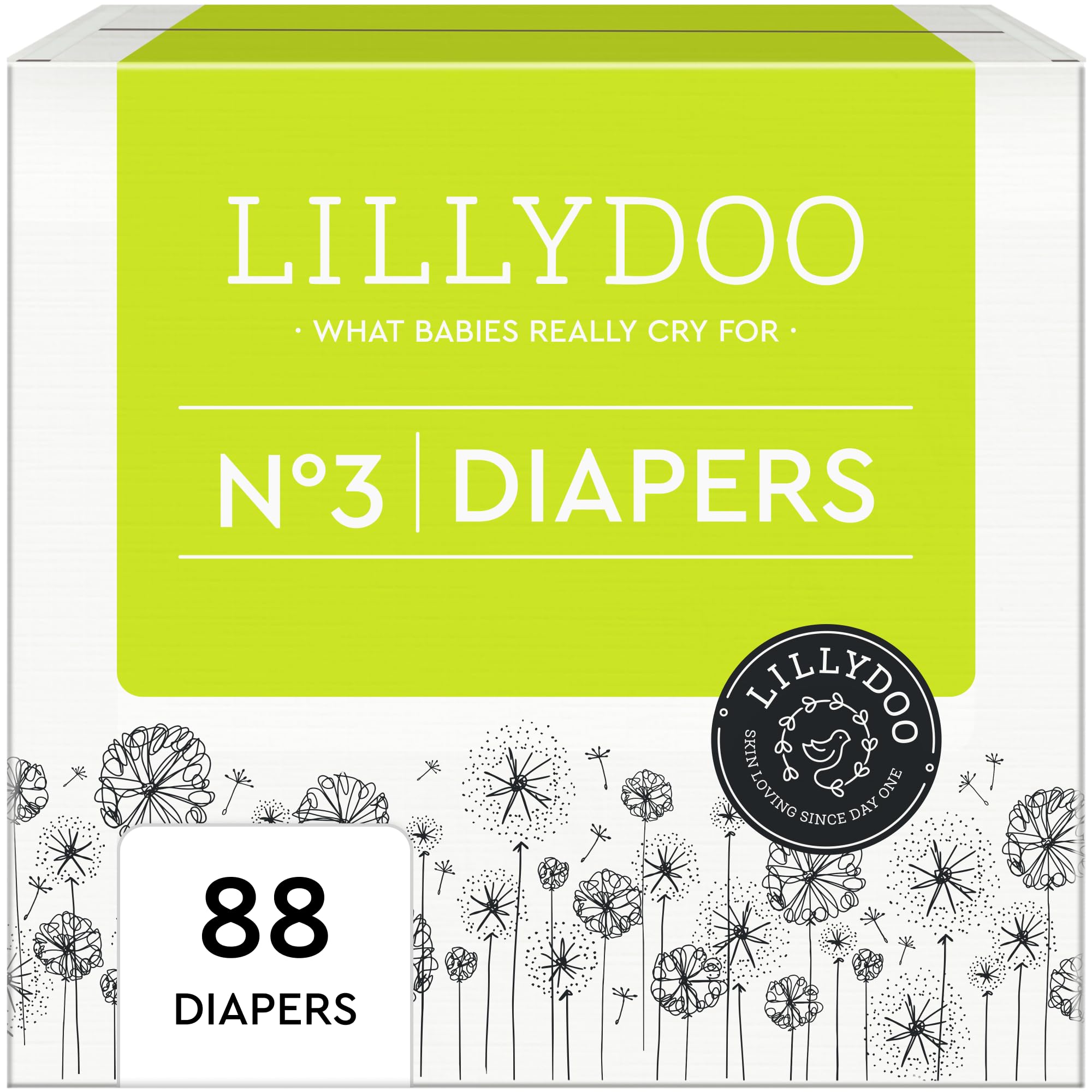 LILLYDOO Diapers - Size 3 (13-22 lbs), Half-Monthly Supply (88 Count), Skin-Friendly, Ultrasoft, Chlorine-Free & Absorbent Baby Diapers