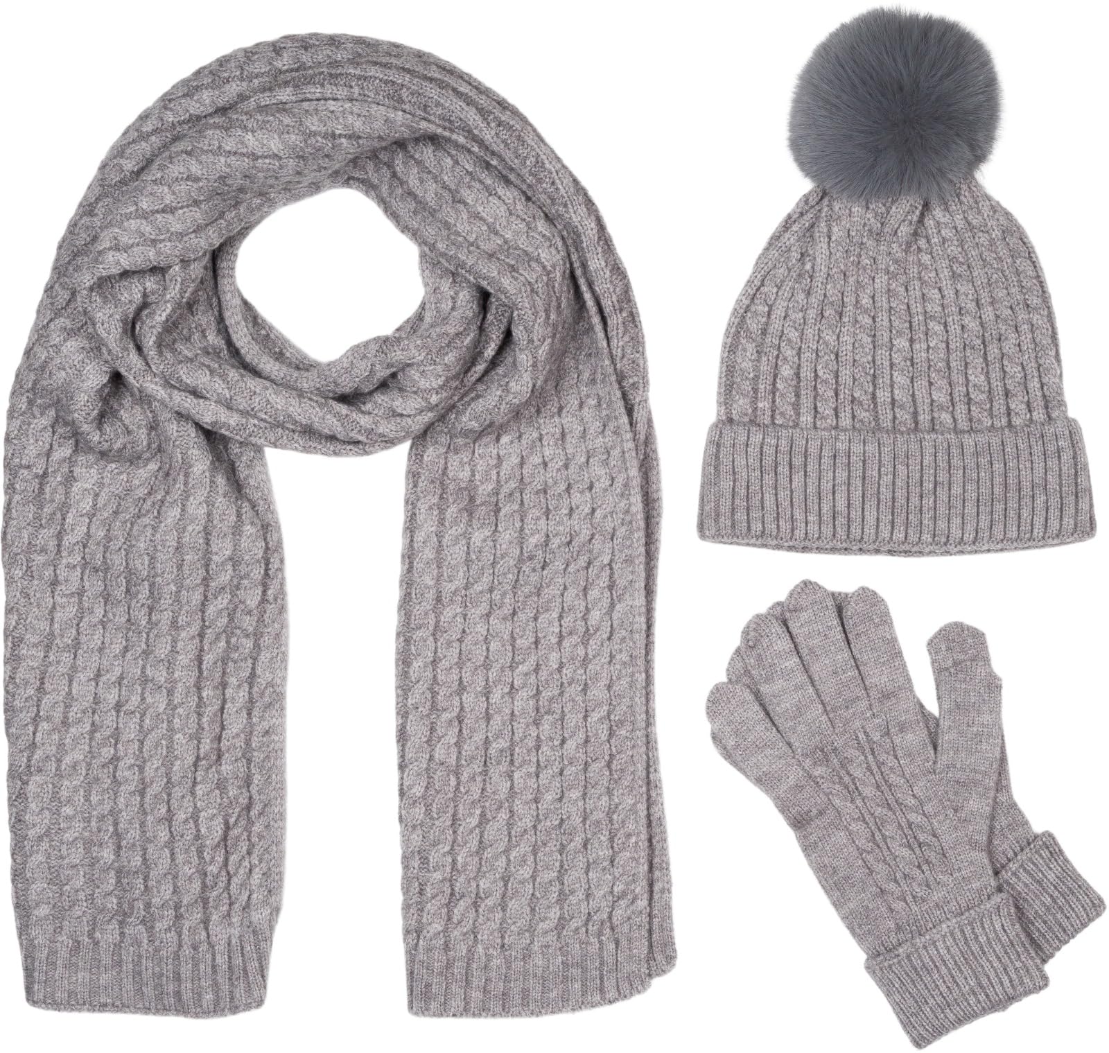 styleBREAKER Set invierno 3 piezas mujer: bufanda | Set: Bufanda trenzada 175x28cm, gorro 59cm con pompón de pelo sintético y guantes 16-21cm.
