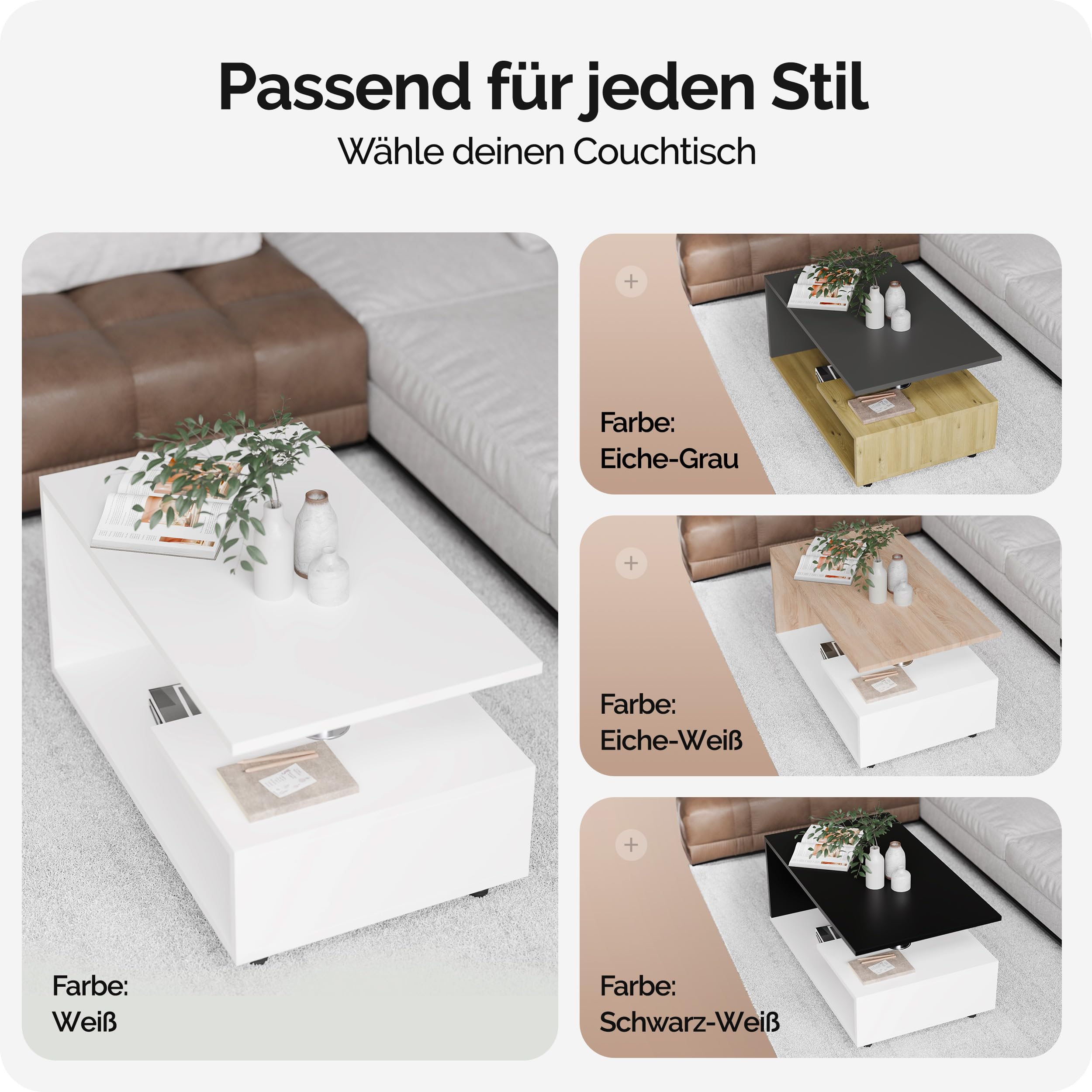 Casaria® Couchtisch Weiß Holz mit Stauraum 95x55cm Edelstahl Füße Höhenverstellbar Ablage Modern Rechteckig Beistelltisch Wohnzimmer Couch Sofa Tisch