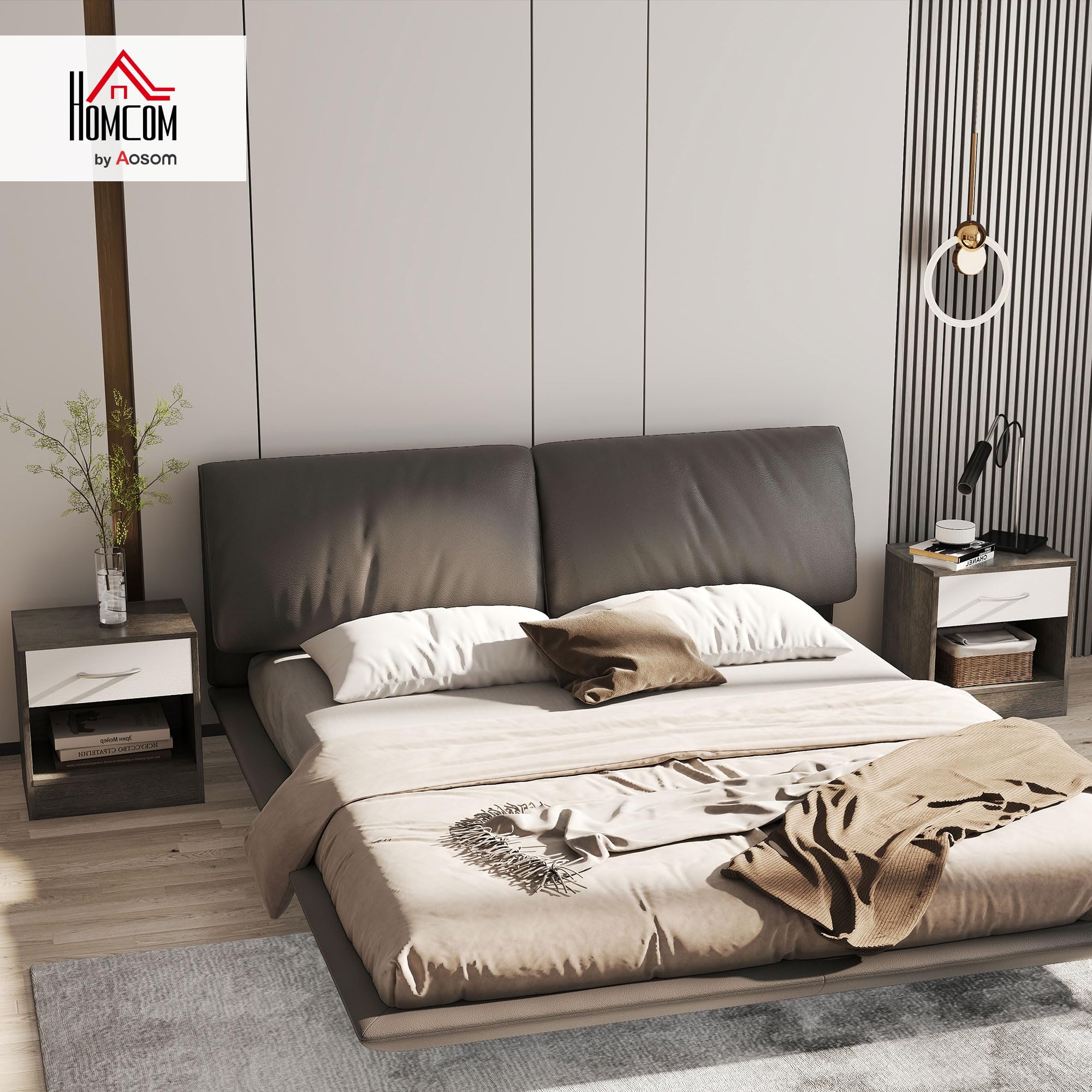 HOMCOM Set 2 Comodini per Camera da Letto con Ripiano Aperto e Cassetto, Comodini Moderni in Truciolato, 39x28x41 cm, Bianco e Grigio Scuro