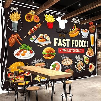 Fast Food Restaurant 3D Mural Wallpaper, Burger Pizza Fried Chicken Delicious Food Photo Wall Mural, Photo Wallpaper for Kids Room Living Bedroom Sofa TV Background Decor Mural - 78.7"x 55.1"W x H