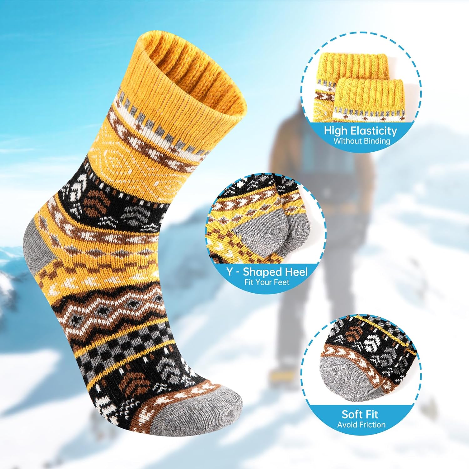 COOPLUS Wool Socks Mens Thick Winter Warm Hiking Pattern Thermal Crew Socks for Cold Weather 5 Pairs - Image 3