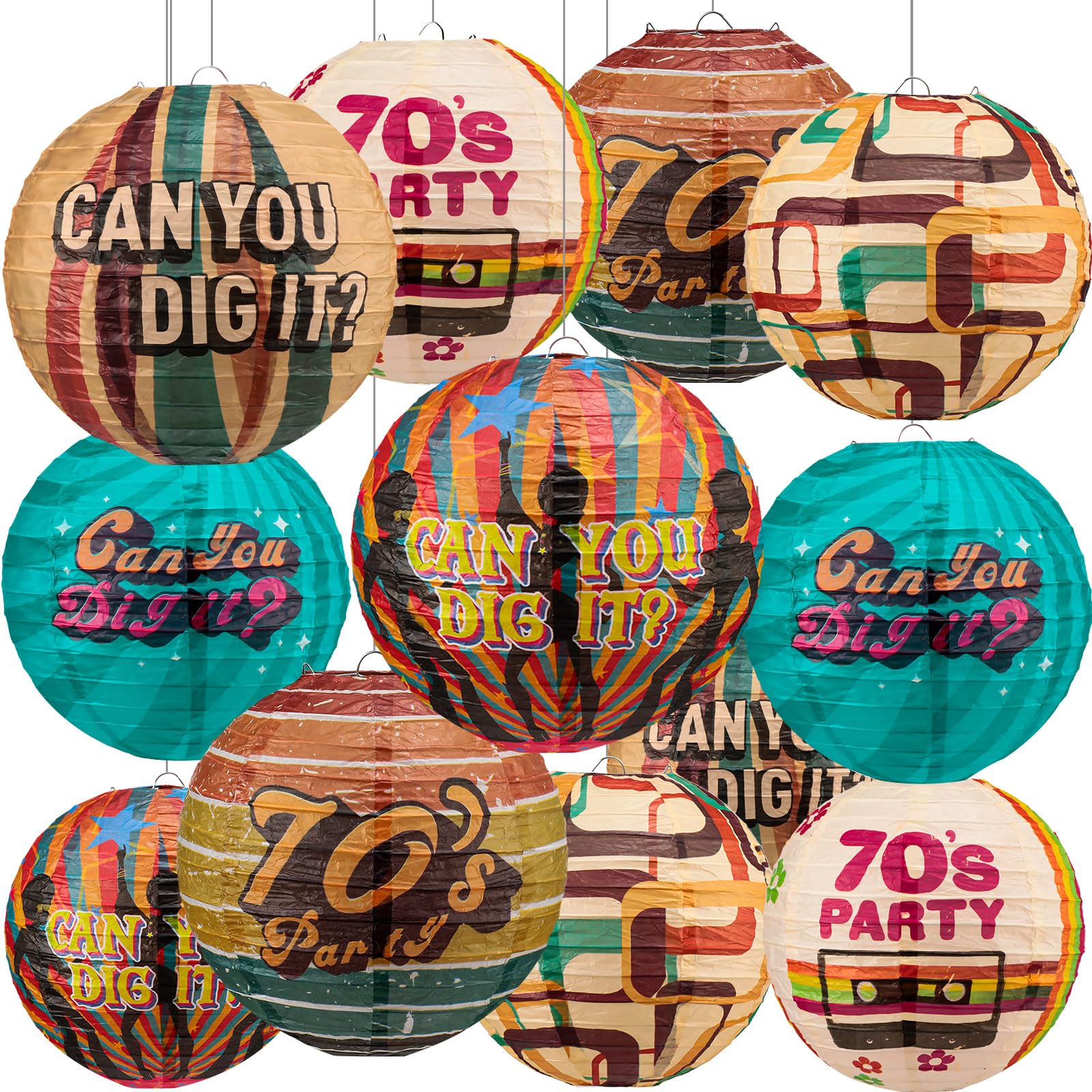 Panelee 12 Pcs 70's Retro Paper Lanterns Party Decorations 8 Inch Hanging Round Paper Party Decorations for Holiday Indoor Outdoor Supplies