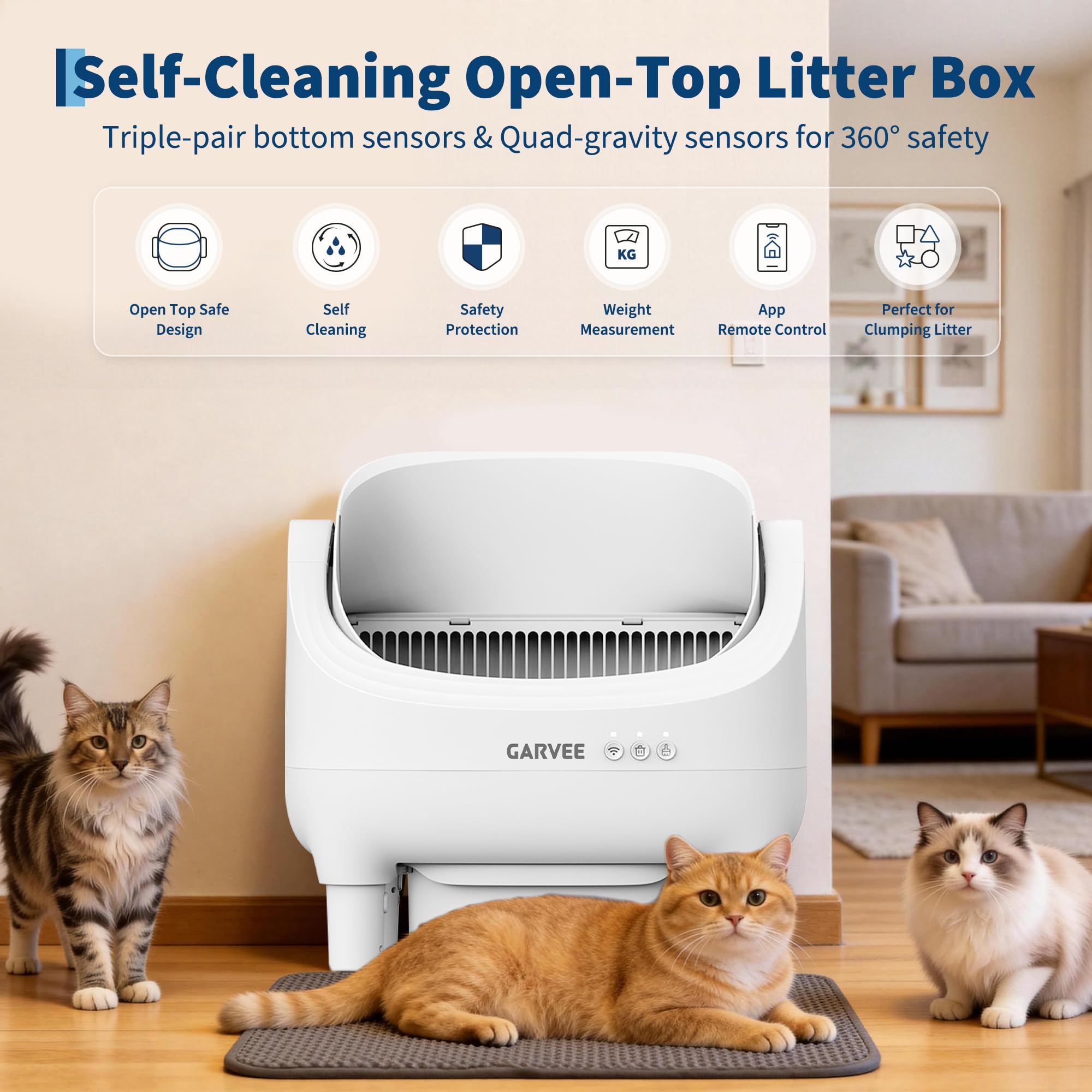 Self Cleaning Litter Box, Automatic Cat Litter Box with APP Control, Odor-Free Waste Disposal Includes Trash Bags, Large Waste Bin, Open-Top, for Multiple Cats, White - image 2
