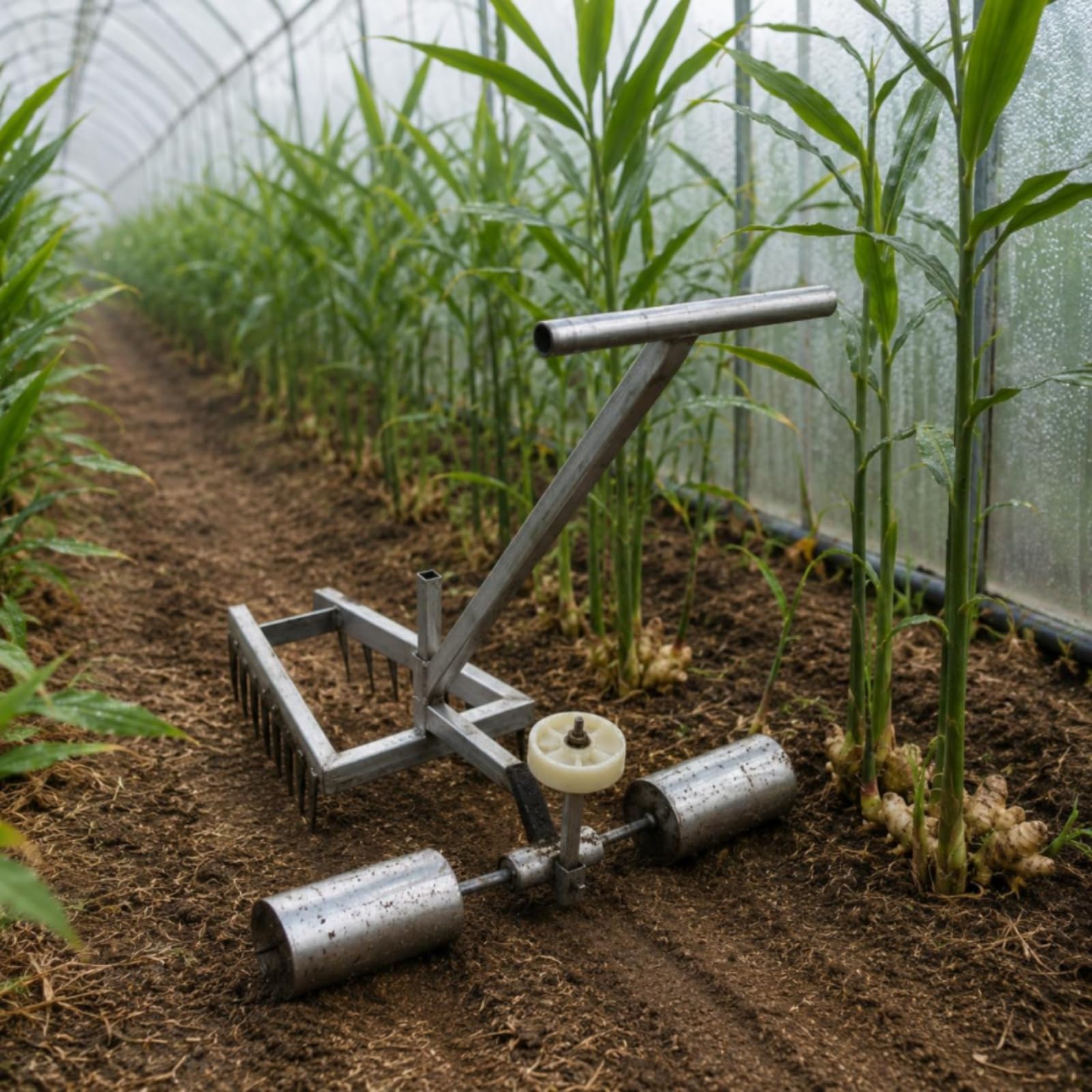 Attrezzo Copertura Suolo Utensile Agricolo Terreno Attrezzo Piantare Rullo Scorrevole su Ruote Bordi con Denti Metallo Saldato Manico Angolato T