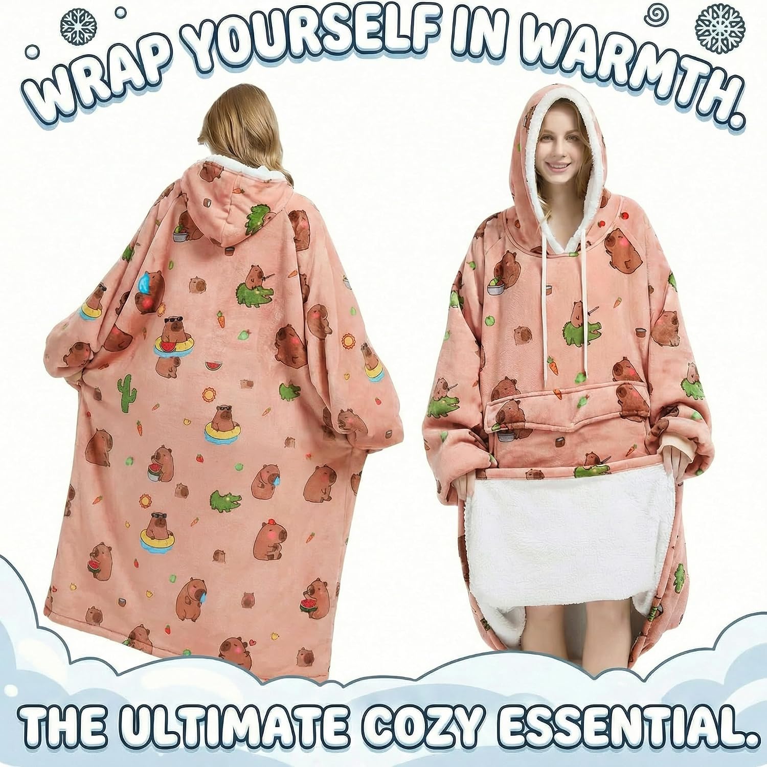 Wearable Blanket Hoodie for Women, Comfy Sherpa Sweatshirt Blanket as Birthday Christmas Gifts, Oversized Pullover Jacket Blanket Hoodie for Adult (Capybara, Oversized)