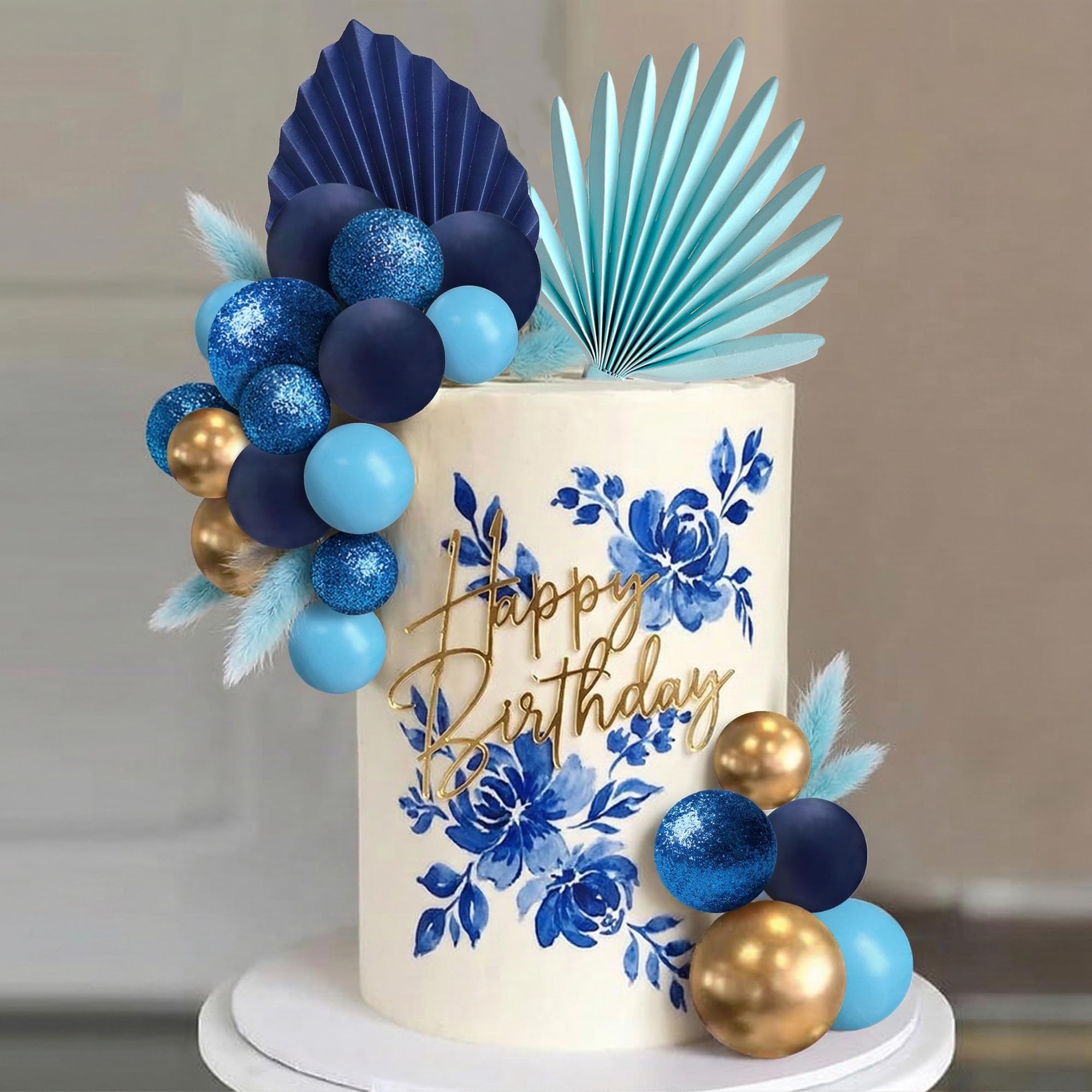 38 PCS Balls Cake Toppers Palm Leaves Cake Decorations for Birthday Wedding Baby Shower Party Supplies (Blue)