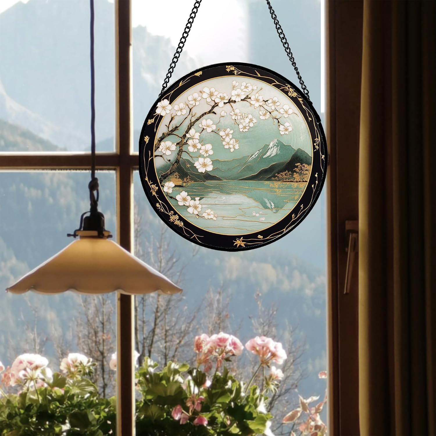 Stained Glass Window Hanging - White Plum Flowers Suncatcher for Door Terrace Garden Home Decor Mountain Lake Landscape Sun Catcher Birthday Gifts for Lovers Women Men Dad Mom Nana 15 in