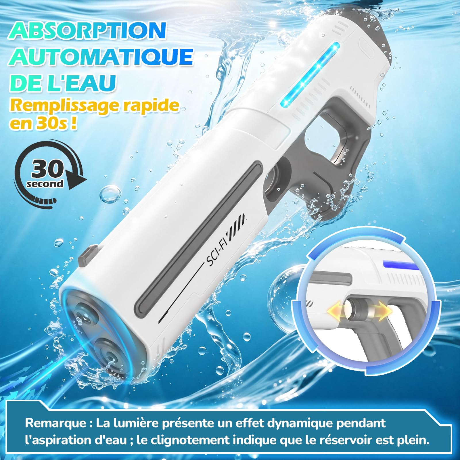 Pistolet a Eau Electrique, Pistolet à Eau Automatique avec Lumières LED, Lunettes de Protection et Fonction de Remplissage Automatique, Pistolets Rechargeable pour Plage en Été (Blanc)