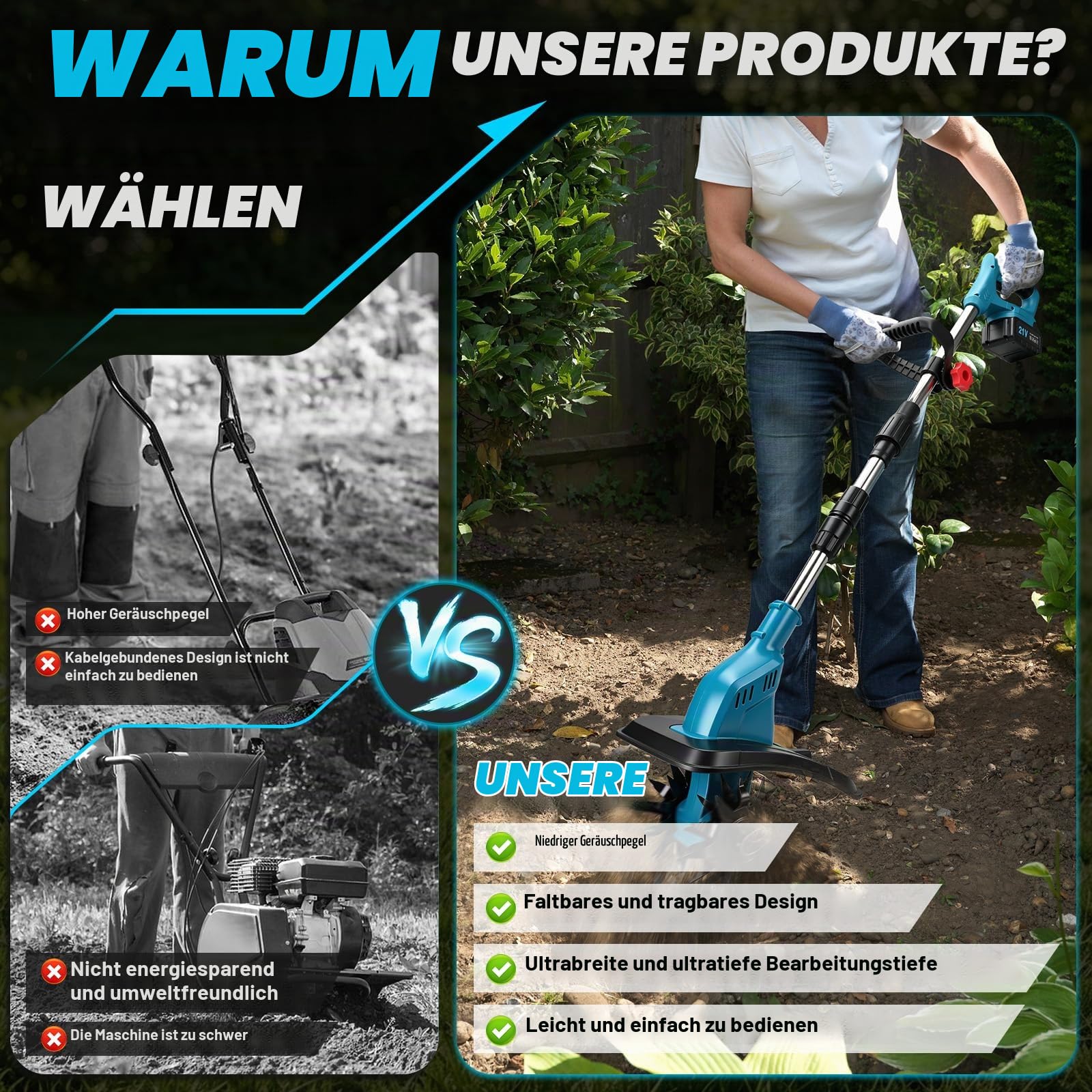 Akku Bodenhacke Motorhacke mit 2×2600mAh Akkus