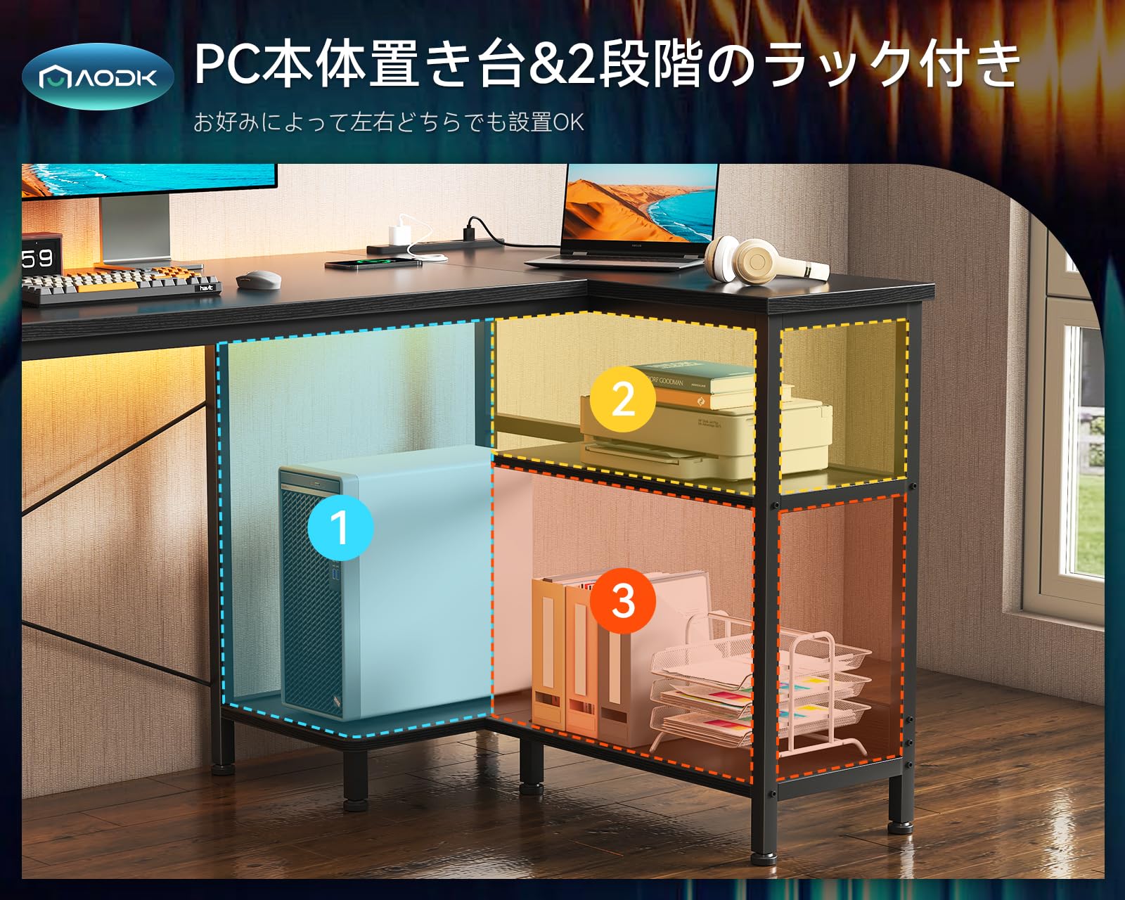 Amazon | AODK ゲーミングデスク コンセント付き パソコンデスク 袋