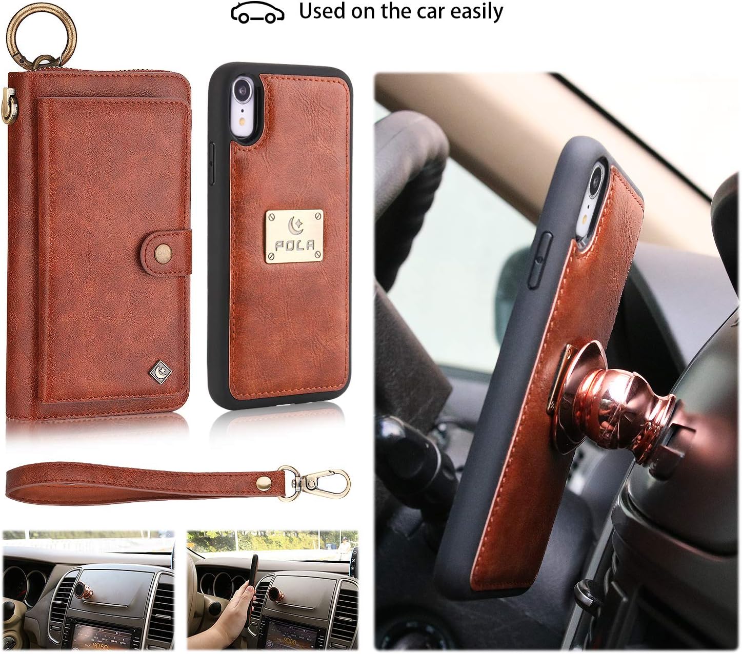 XRPow iPhone XR Wallet Case, 2-in-1 Multi-Functional Magnetic Detachable Wallet Zipper Purse Clutch iPhone XR Slim Shock Cover Flip Credit Card Protective Case 6.1" with Wrist Strap - Brown
