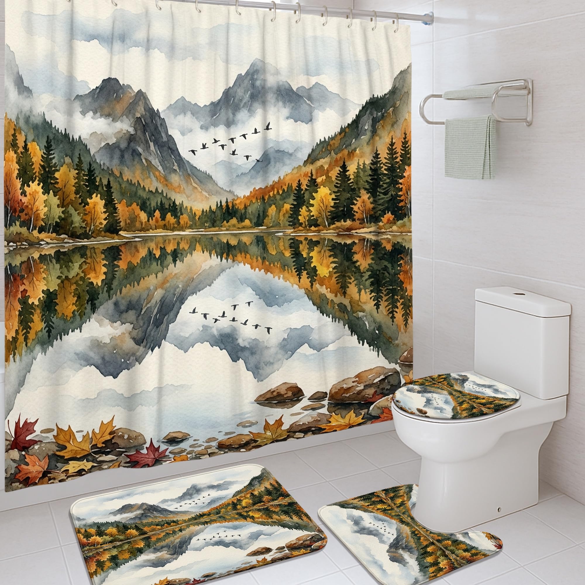 Rideau de douche lavable motif montagnes avec tapis de bain