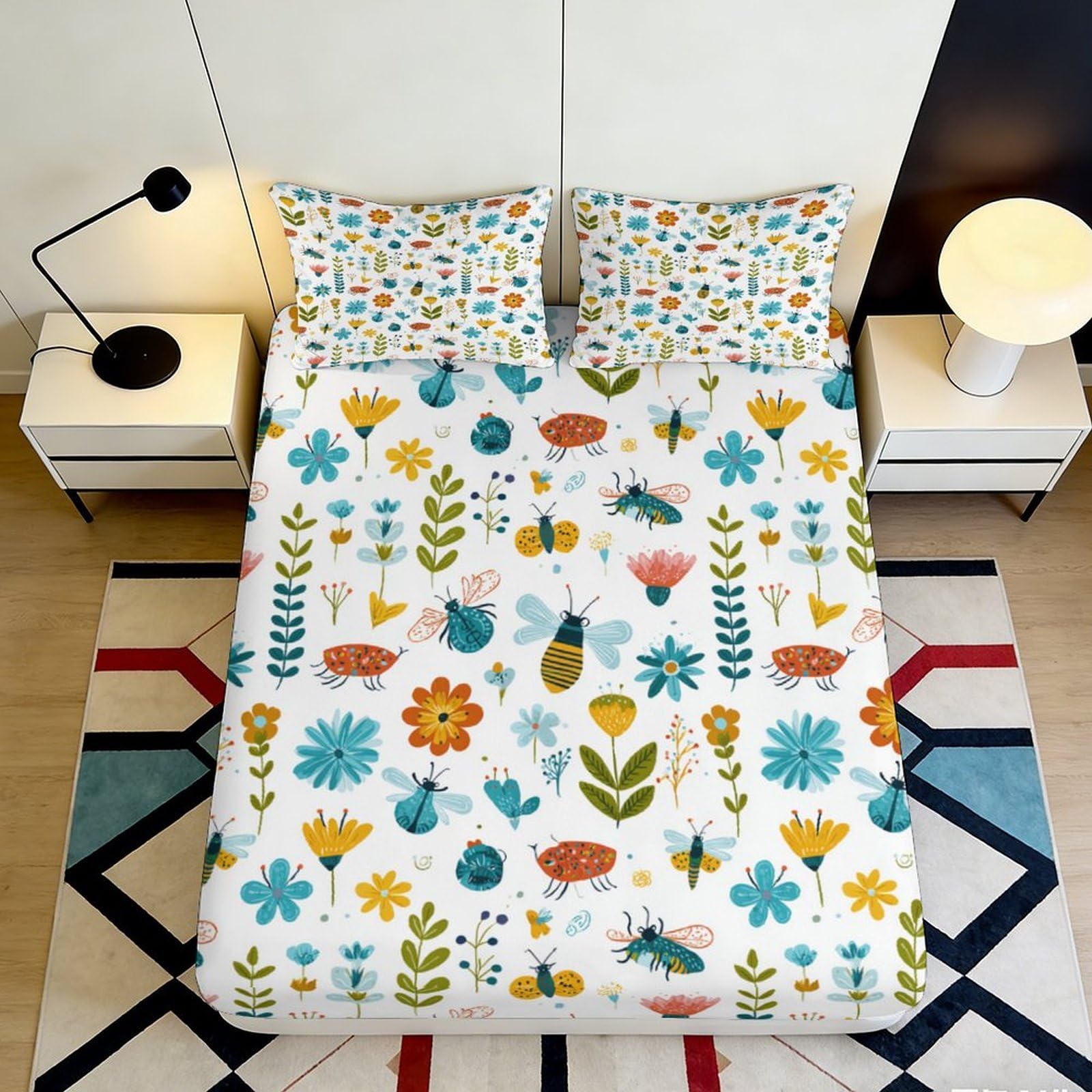 3D Printed Retro Floral Fitted Sheet Microfiber Breathable Nordic Botanical Mattress Cover for Bedroom Guestroom Decor 90x200x25cm