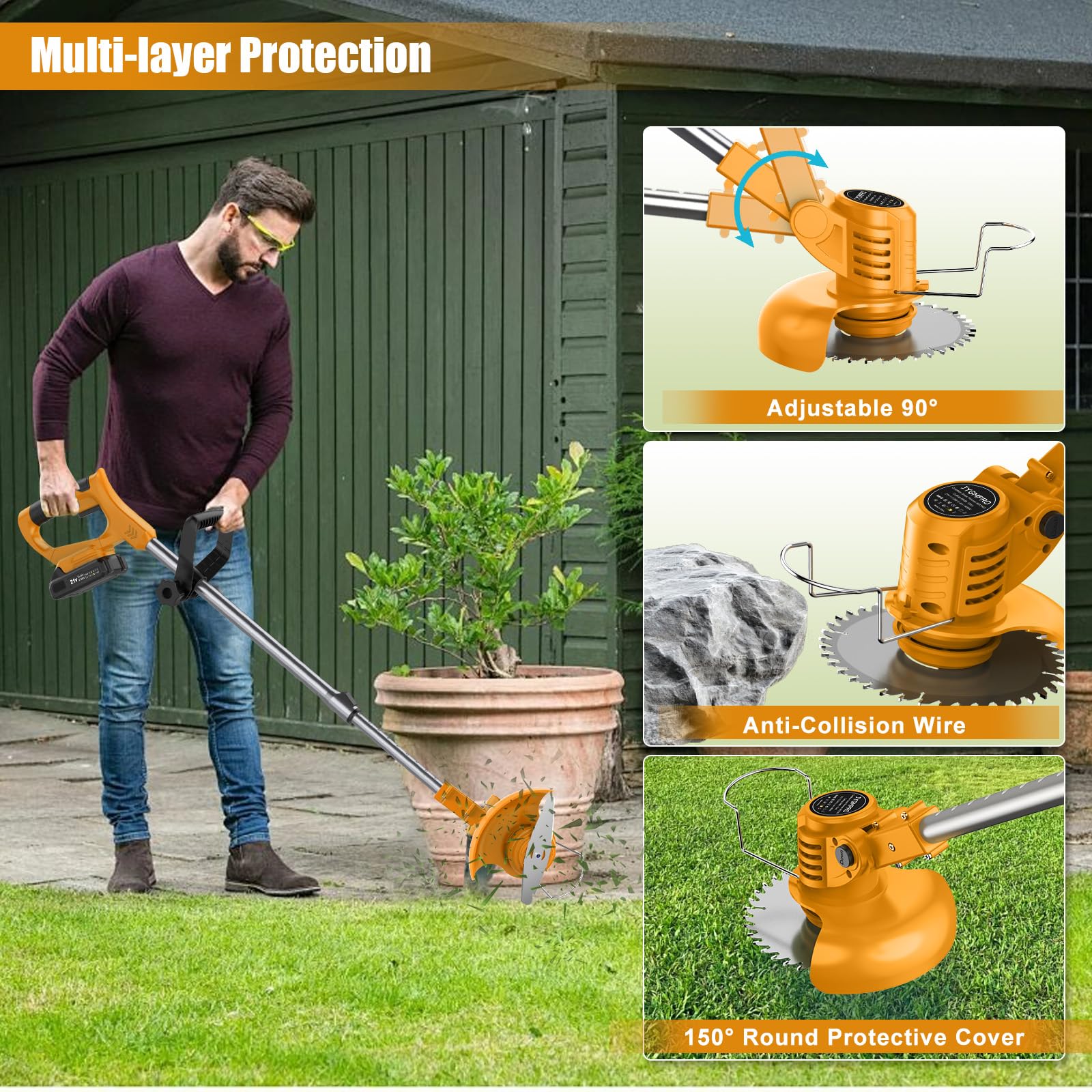 Débroussailleuse Electrique sans Fil 21V, Coupe Bordure sans Fil avec Batterie 2.0 Ah*2 et 2 Types de Lames, Poignée Réglable, Debrouissalleuses Batterie pour la Coupe de Jardin, Pelouses