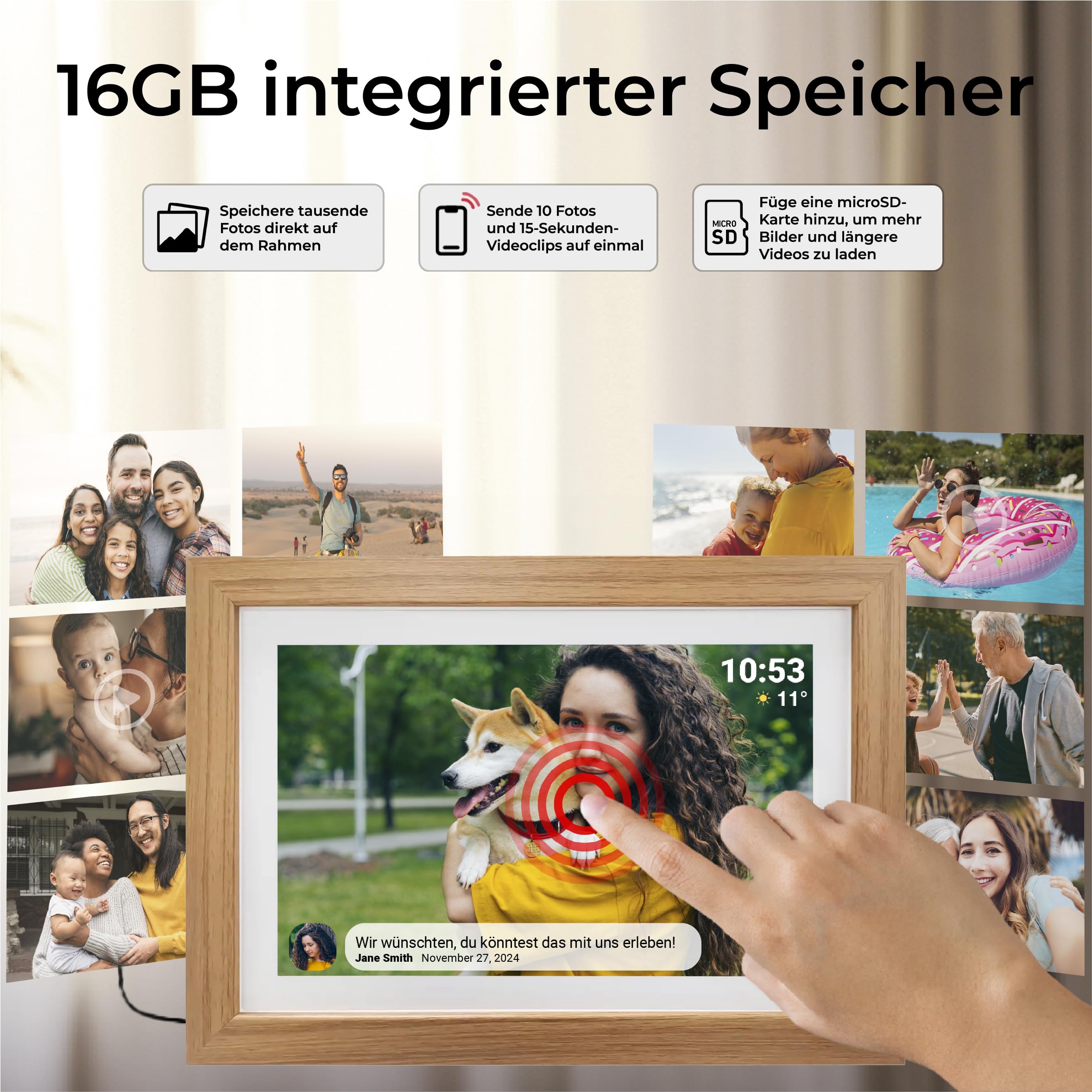 Denver Digitaler Bilderrahmen Holz 10,1 Zoll mit WLAN - FRAMEO Digital Photo Frame mit Touchscreen & 16 GB Speicher - Elektrischer Bilderrahmen mit App‑Steuerung - USB & microSD - Light Wood