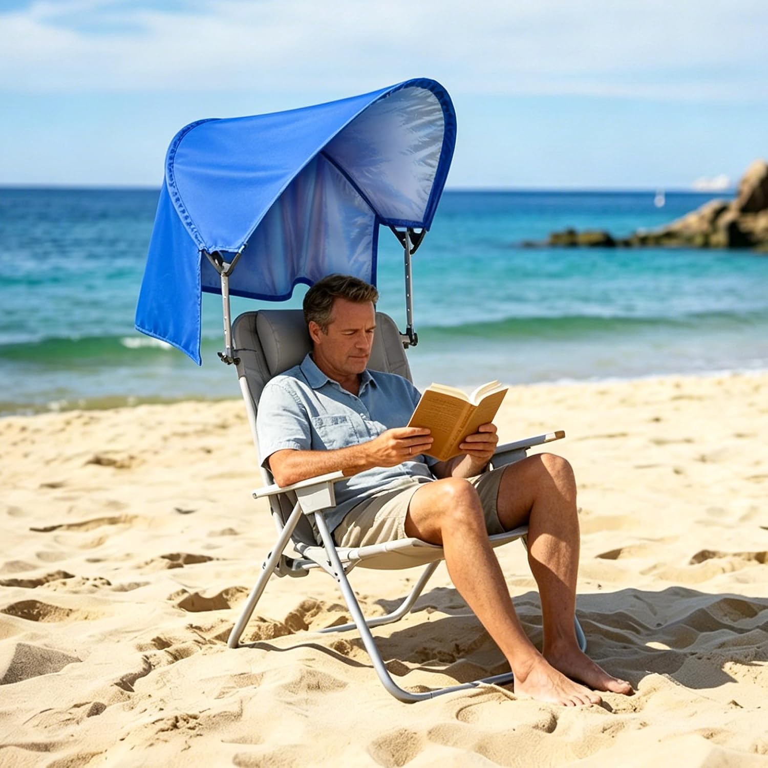 Large Beach Chair Canopy Umbrella with Back Flap Adjustable Height Foldable Chair Sun Shade Attachment Fits for Beach Camping Fishing Lounge Tanning Zero Gravity Chair