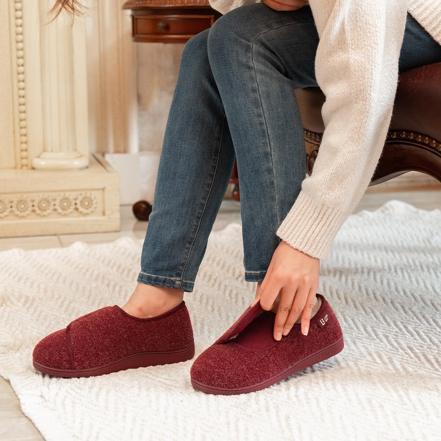 LongBay Women's Adjustable Slippers Non Slip Wide House Shoes Indoor Outdoor Diabetic Swollen Feet - Image 2