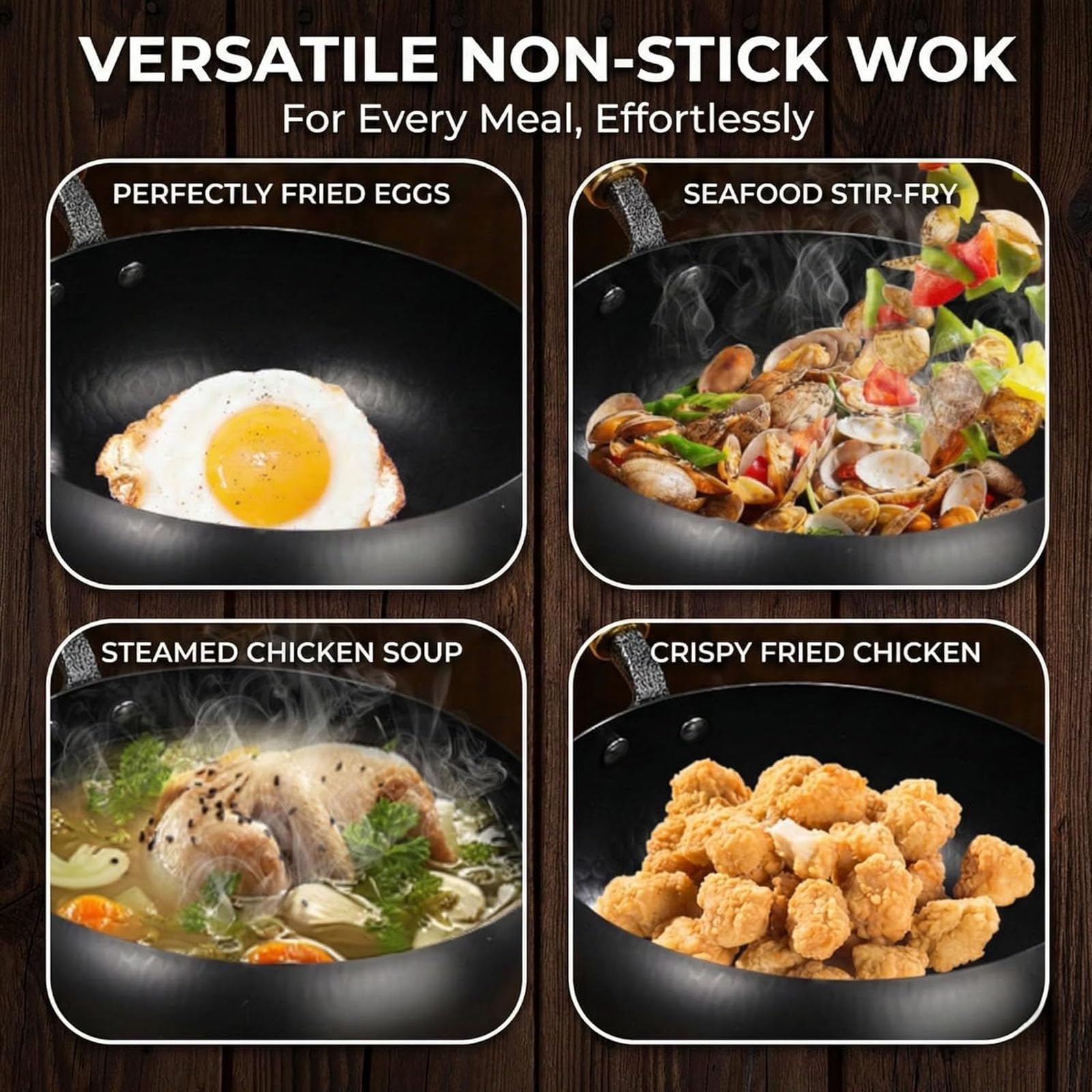 Pannella Wok giapponese in ghisa, pentola sana non rivestita con coperchio, Woks in acciaio al carbonio tradizionale, padelle antiaderenti martellate a mano fatte in Giappone, per Smooth-Surface 26cm