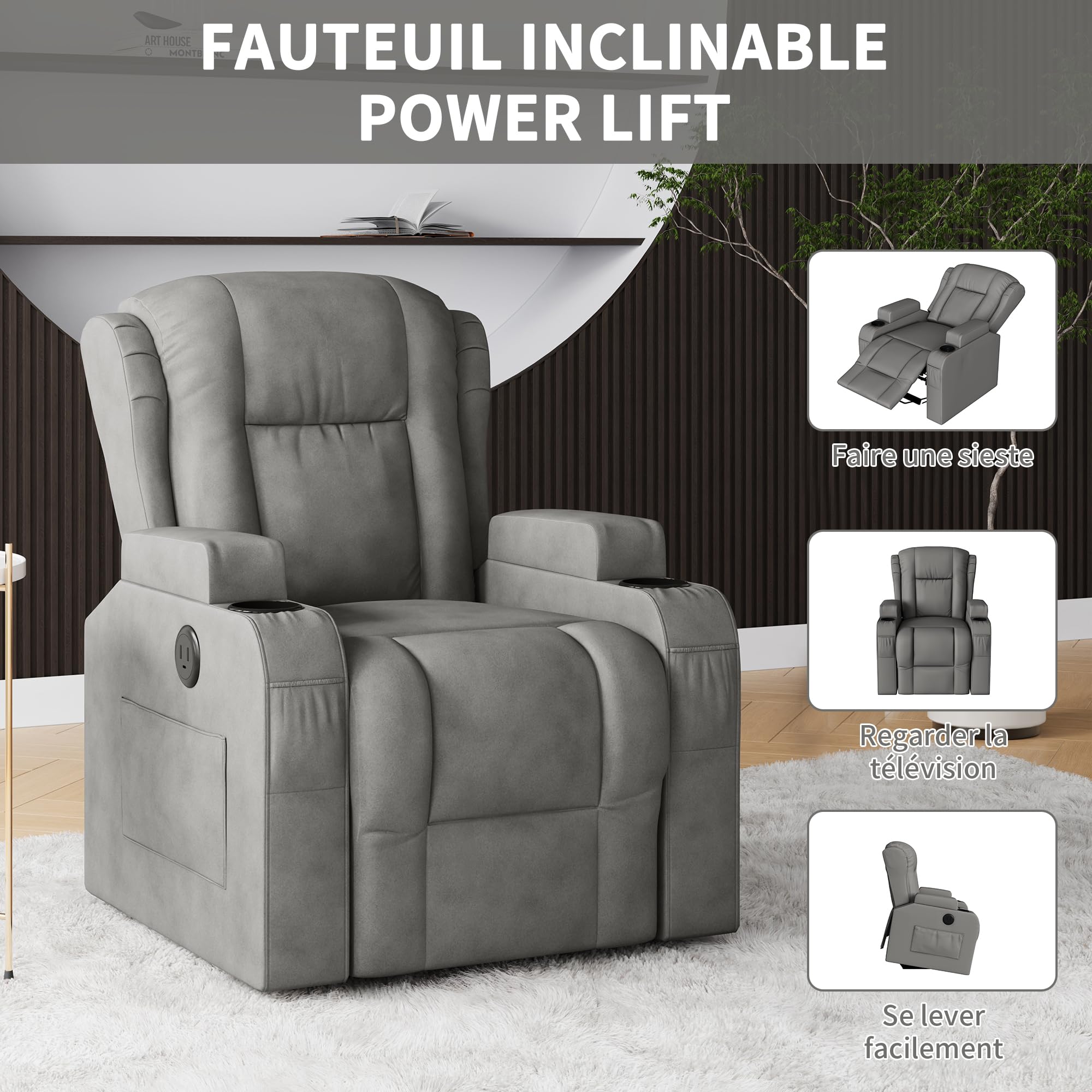 Fauteuil Releveur Électrique,8 Points de Massage Vibrants,Fonction de Chauffage et Chargement USB,Fauteuil Relax Electrique avec Dossier Inclinable 160° et Porte-Gobelet, Gris
