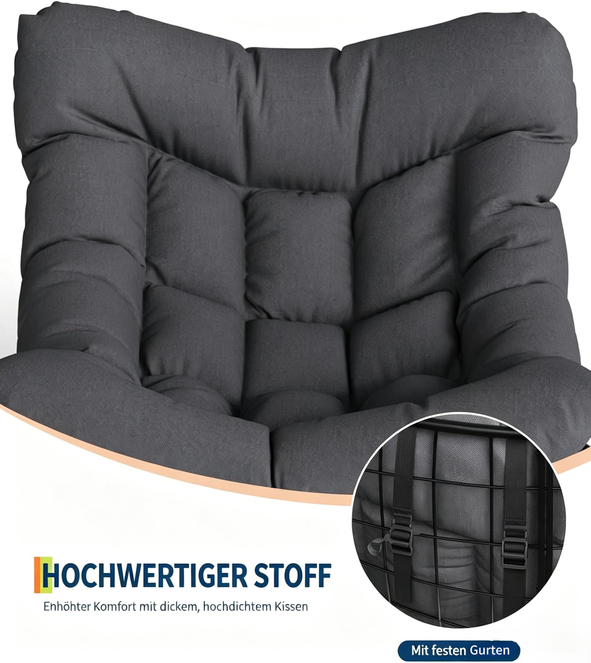 Garvee Eiersessel Schaukelstuhl mit Polster, Moderner Relaxsessel mit stabilem Metallgestell, Bequemer Lesesessel Grau für Wohnzimmer Balkon Terrasse Garten Indoor & Outdoor - Anthrazit