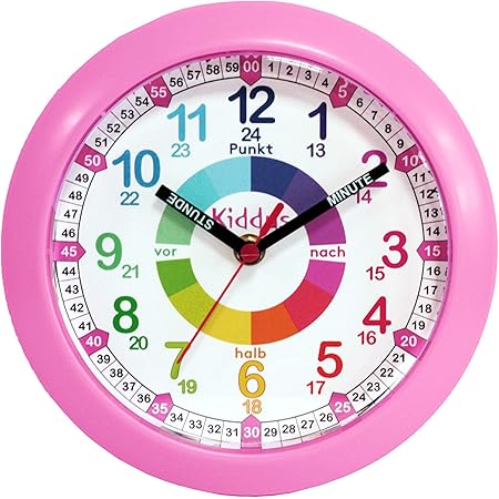 Atlanta Lernuhr Für Kinder - Blaue Wanduhr Ohne Ticken Mit Buntem Zifferblatt