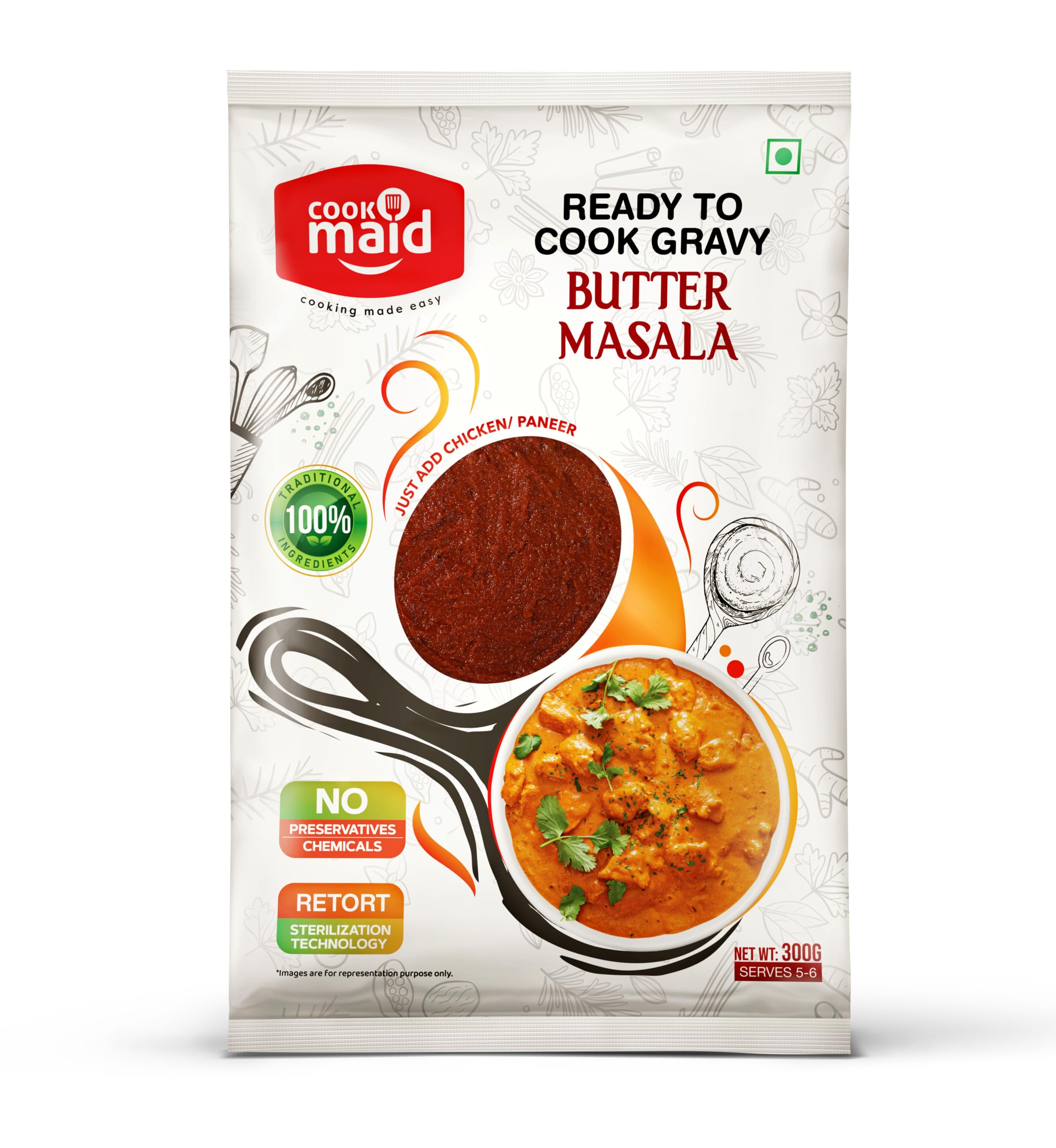 - COOKMAID Butter Masala | Ready to Cook Gravy | Ready in 15 Mins | Make Butter Chicken, Shahi Paneer, Paneer Butter Masala & Tikka Masala | Pure Vegetarian Base | No Added Preservatives | Restaurant Style at Home | Instant & Easy | Serves 5-6 | 300g
