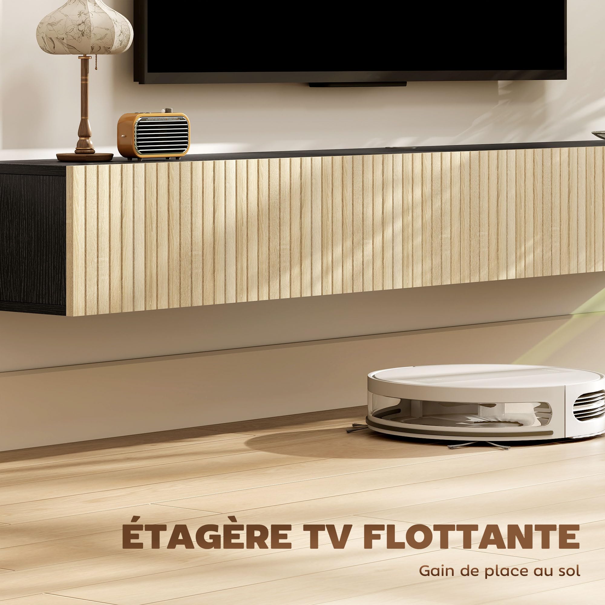 HOMCOM Meuble TV Suspendu Flottant 140 cm, Meuble télé pour téléviseur jusqu'à 72 Pouces avec 2 Portes cannelées rabattables, Banc TV Mural pour Salon, Chambre à Coucher, Bois Naturel et Noir