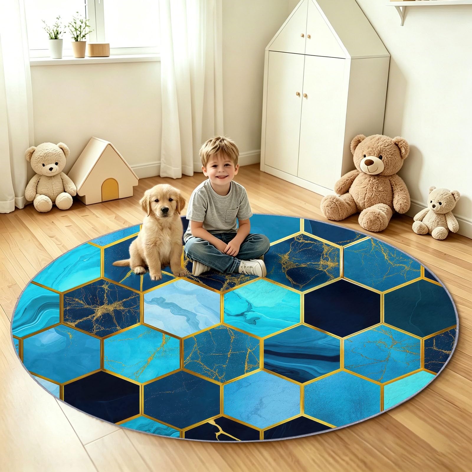 Tappeto rotondo per soggiorno, 150 cm, piastrelle in marmo esagonale, lavabile, per camera da letto, moderno, geometrico, antiscivolo, antiscivolo, morbido, a pelo basso, per camera dei bambini