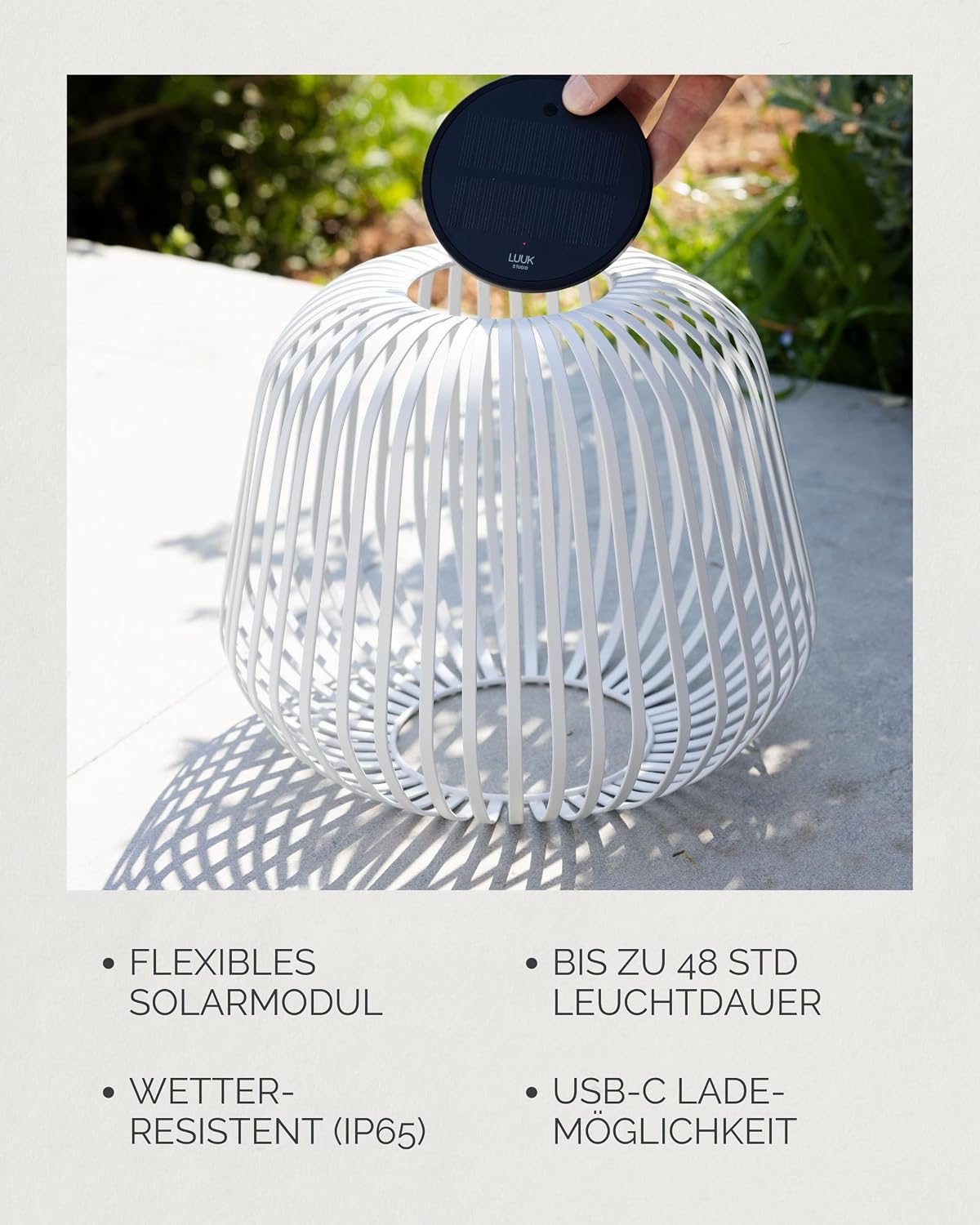 LUUK Studio Solis Modern Outdoor Solar Lamp, LED Table Lantern & Lantern for Garden, Balcony & Patio, Dimmable & Rechargeable Battery, Solar & USB-C, Weatherproof IP65, Simple Decoration, White M (27x27x22cm) White