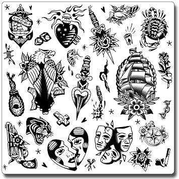 CHARLENT Black Old School Temporary Tattoos For Men Women - 9 Sheets Vintage American Fake Tattoos for Classic Tattoo Lovers/Realistic/Long Lasting