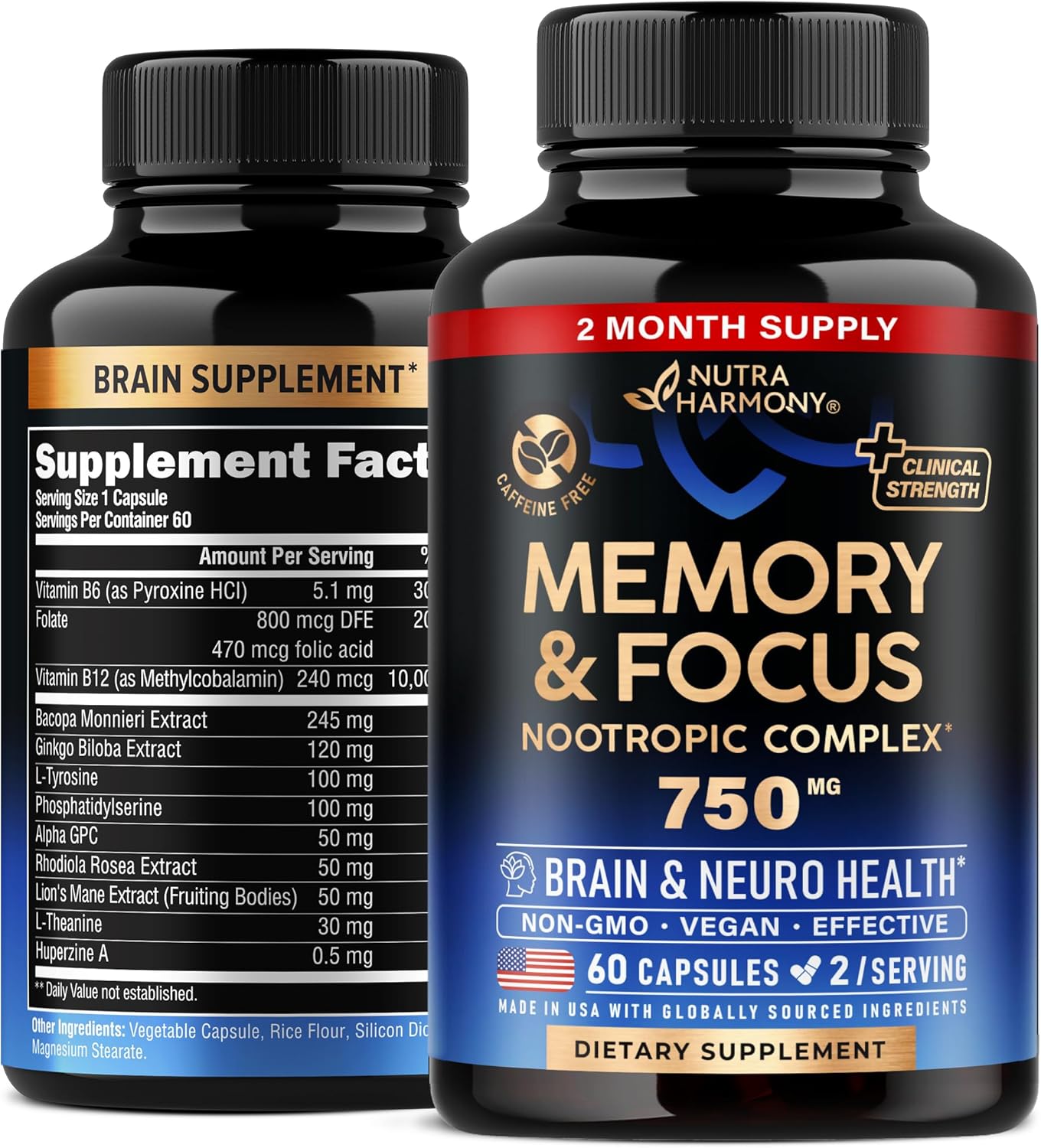 Brain Supplement for Memory & Focus 750 mg – Magnesium | L-Theanine | Bacopa Monnieri | Ginkgo Biloba | Lions Mane – 12in1 Nootropic Complex for Neuro Health – Caffeine-free – Made in USA, 60 Capsules