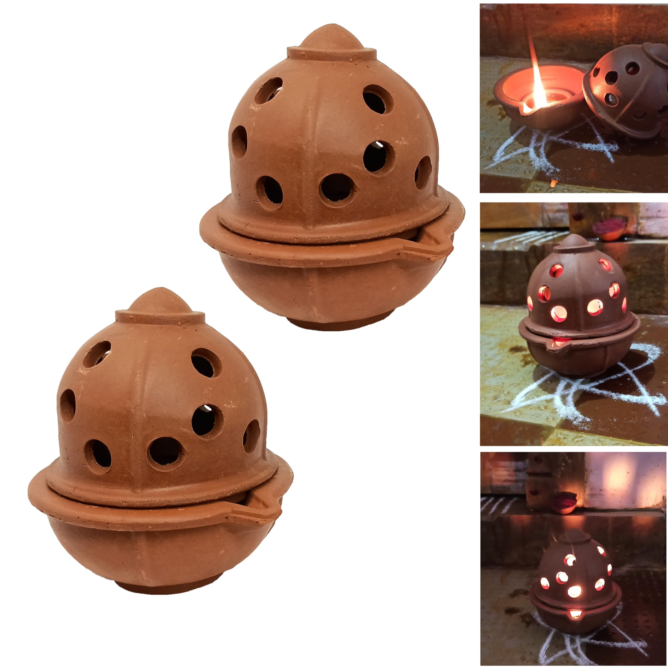 Clay Diya Lamp Big | Clay Diya with Stand | Teracotta Diya with Cover | Clay diyas for Home Decoration | Oil lamp for Pooja Room. (Piece of 2)-image-39