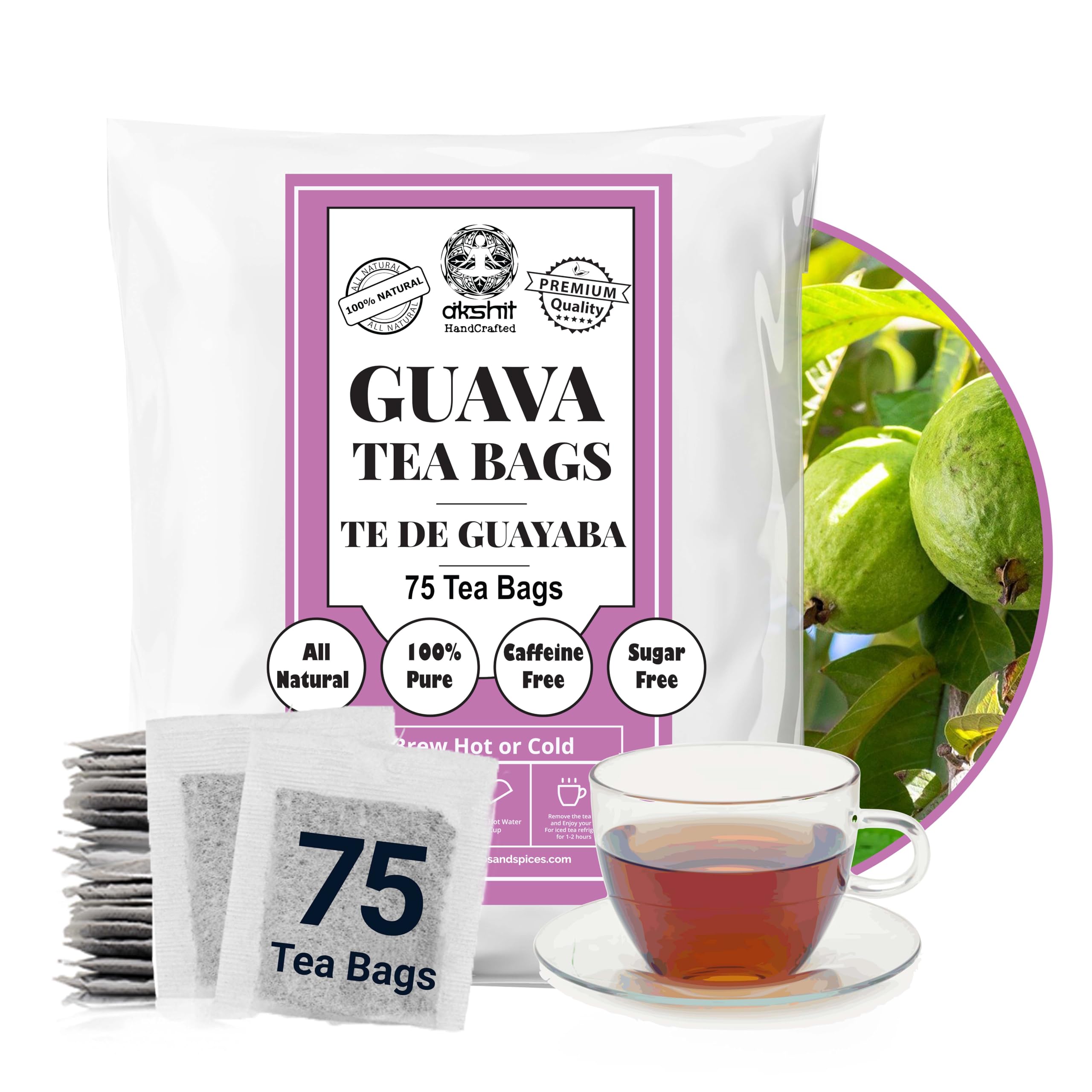 Akshit Guava Leaf Tea, 75 Tea Bags, 100% Natural Guava Leaves (Hojas De Guayaba), HerbalTea, Sugar Free, Caffeine Free, Non GMO, No Additives.