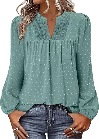 BETTE BOUTIK Women Boho Long Sleeve Shirts Dressy Casual V Neck Fall Fashion Tops Swiss Dot Flowy Blouses